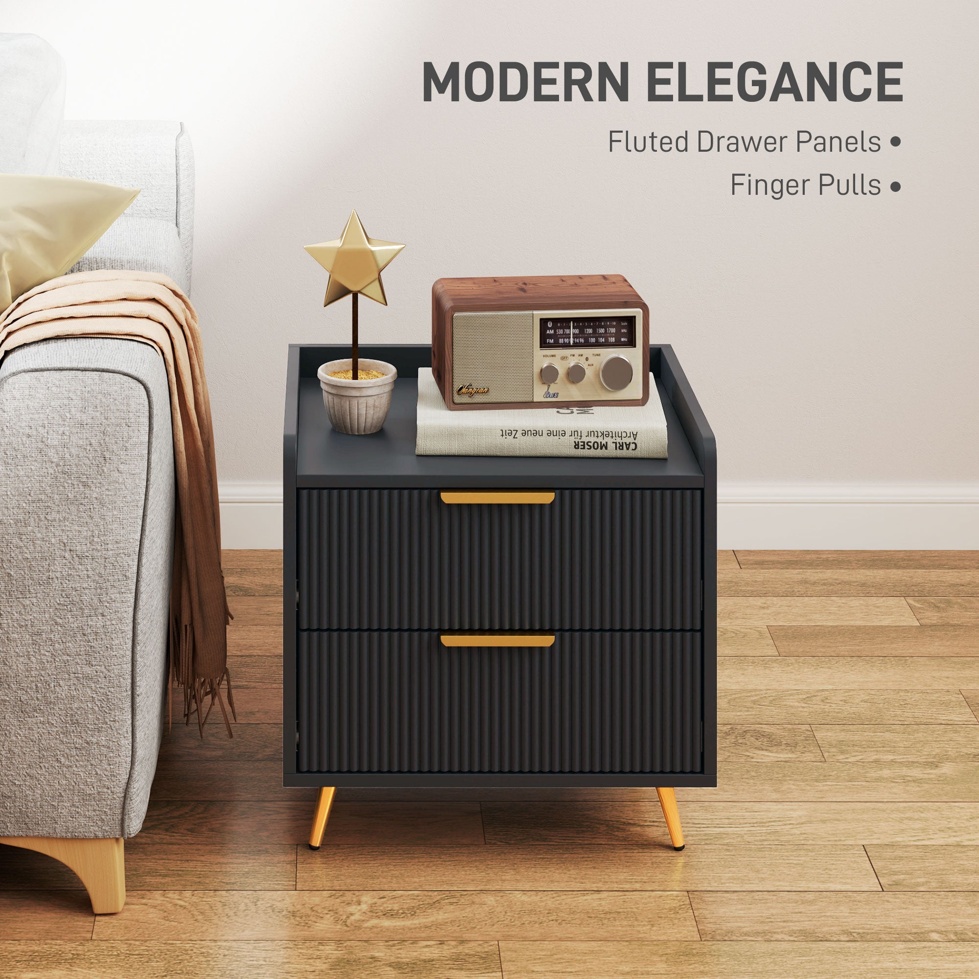 Elegant Two-Drawer Bedside Table with Gold Handles - Black