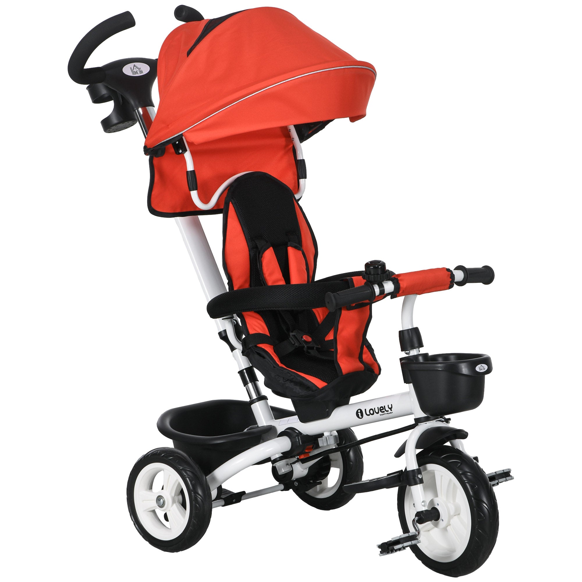 Metal Frame 6 in 1 Baby Push Tricycle with Parent Handle for 1-5 Years Old, Red