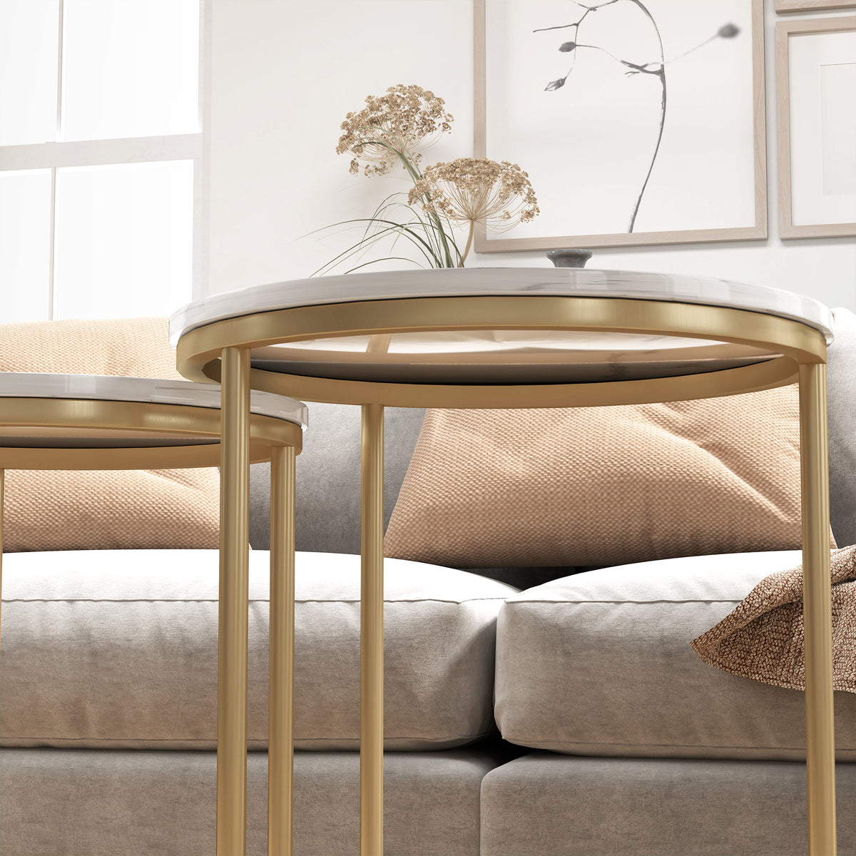 Set of Two Marble-Effect Nesting Tables with Gold-Tone Frames - White/Gold-Tone
