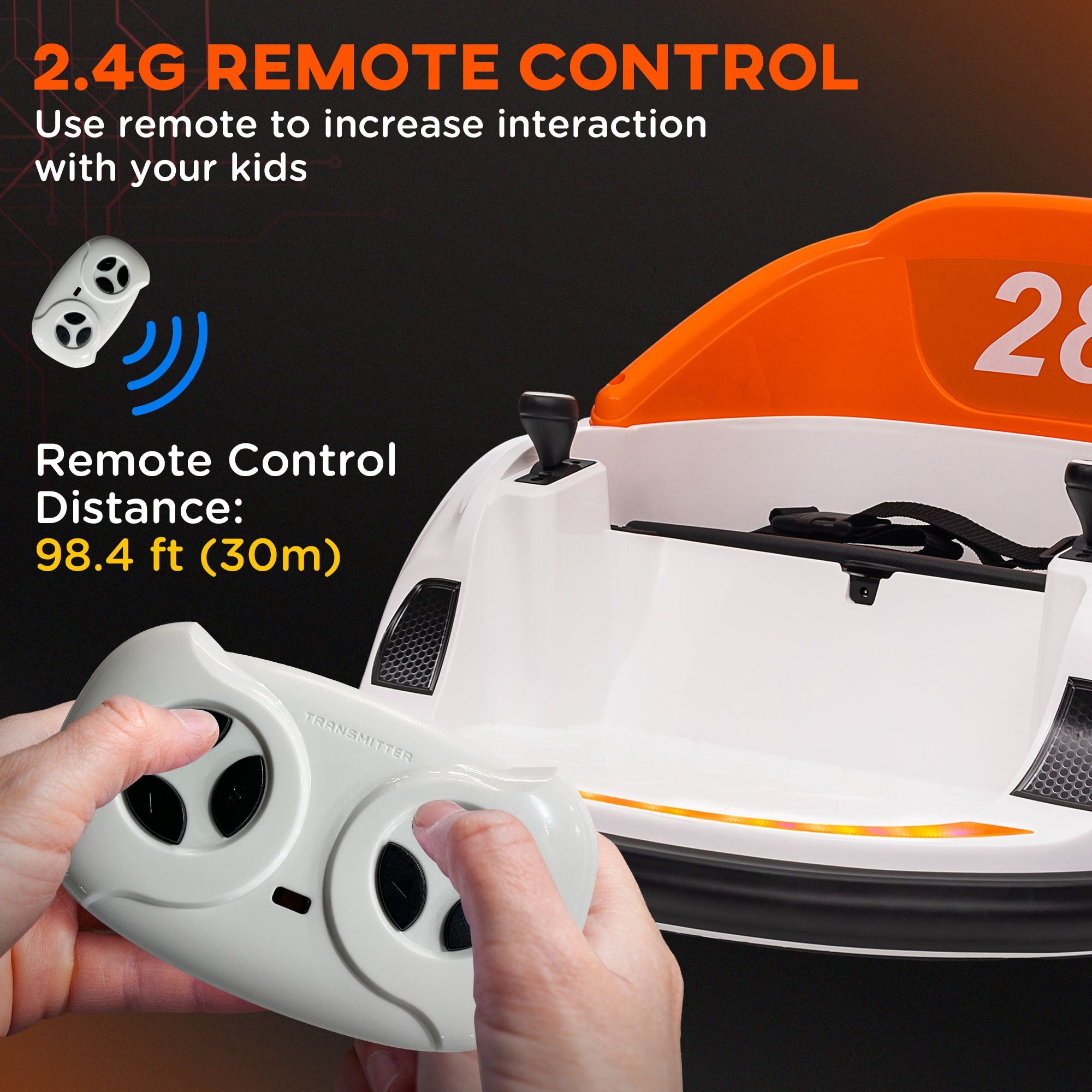 360° Rotation Kids Bumper Car, 12V Waltzer Car with Remote Control, Dual Joysticks, Music Lights - Orange