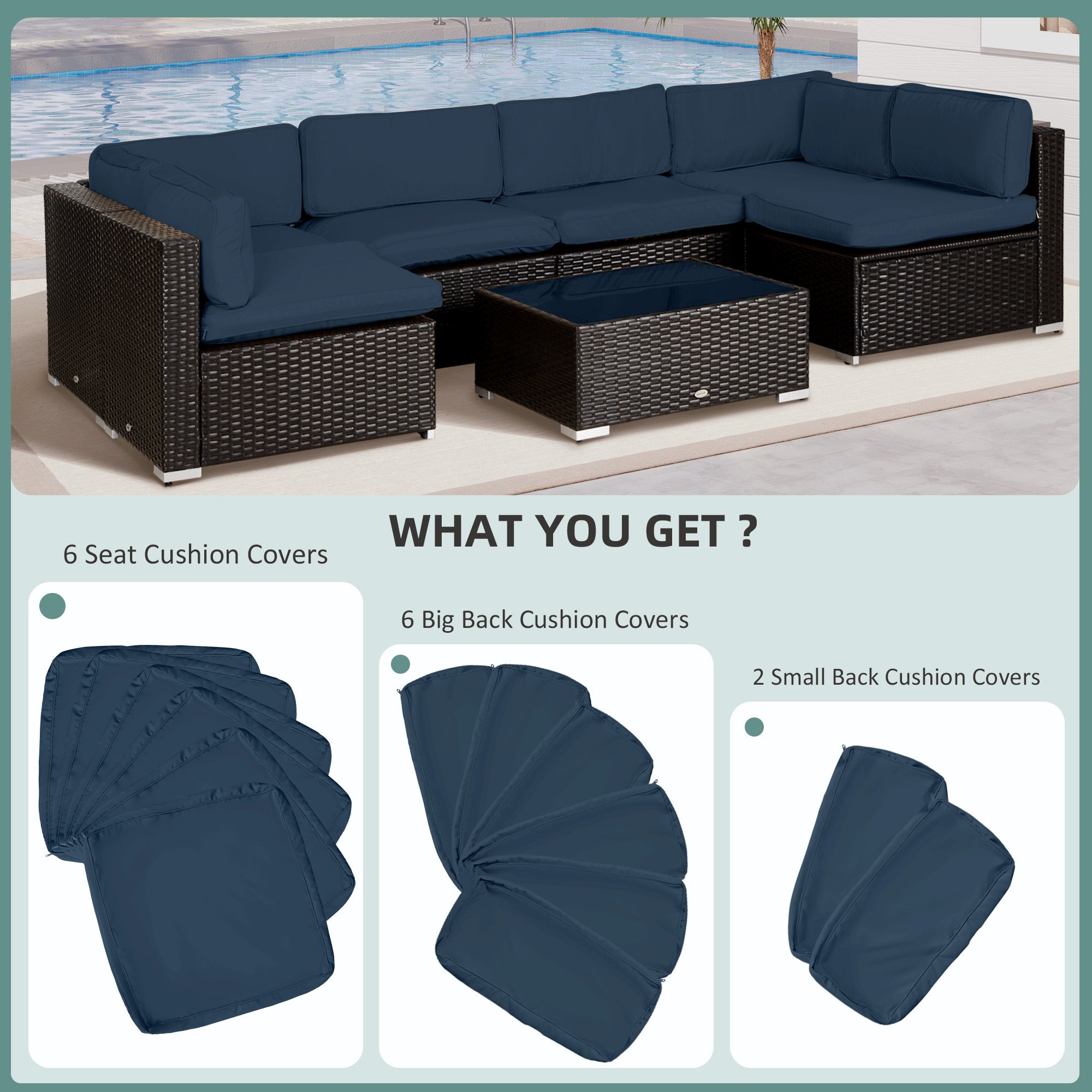 Set of 14 Polyester Garden Rattan Sofa Cushion Covers - Blue