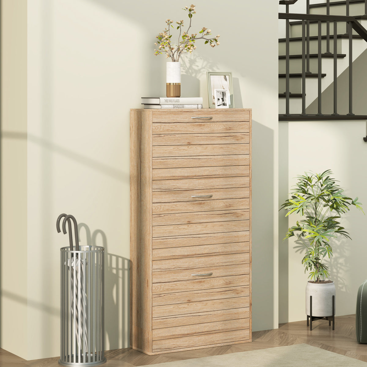 12-Shoe Flip Drawer Storage Cabinet with Adjustable Shelves - Brown Wood-Effect