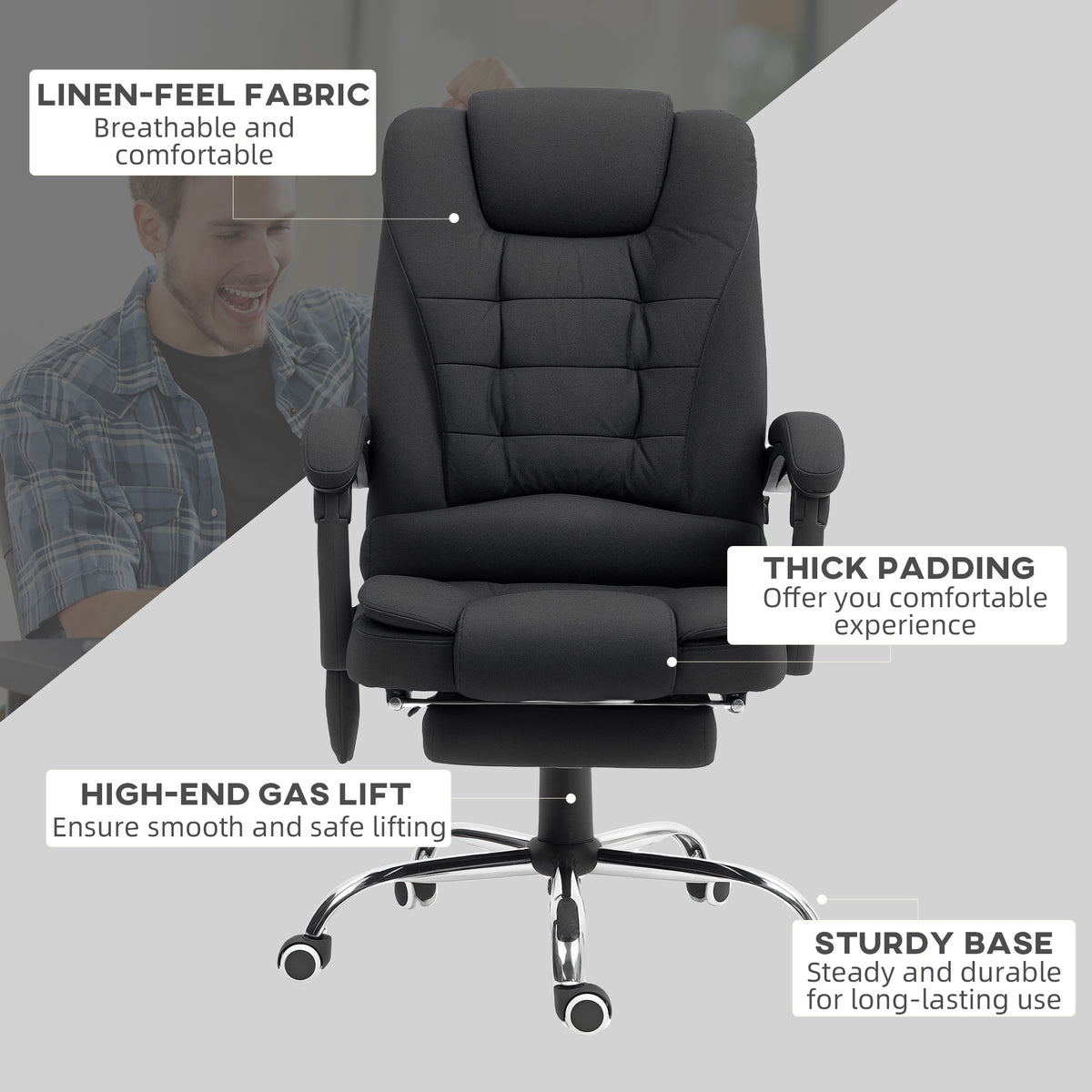Heated 6-Point Vibration Massage Executive Ergonomic Office Chair with Recliner & Footrest - Black