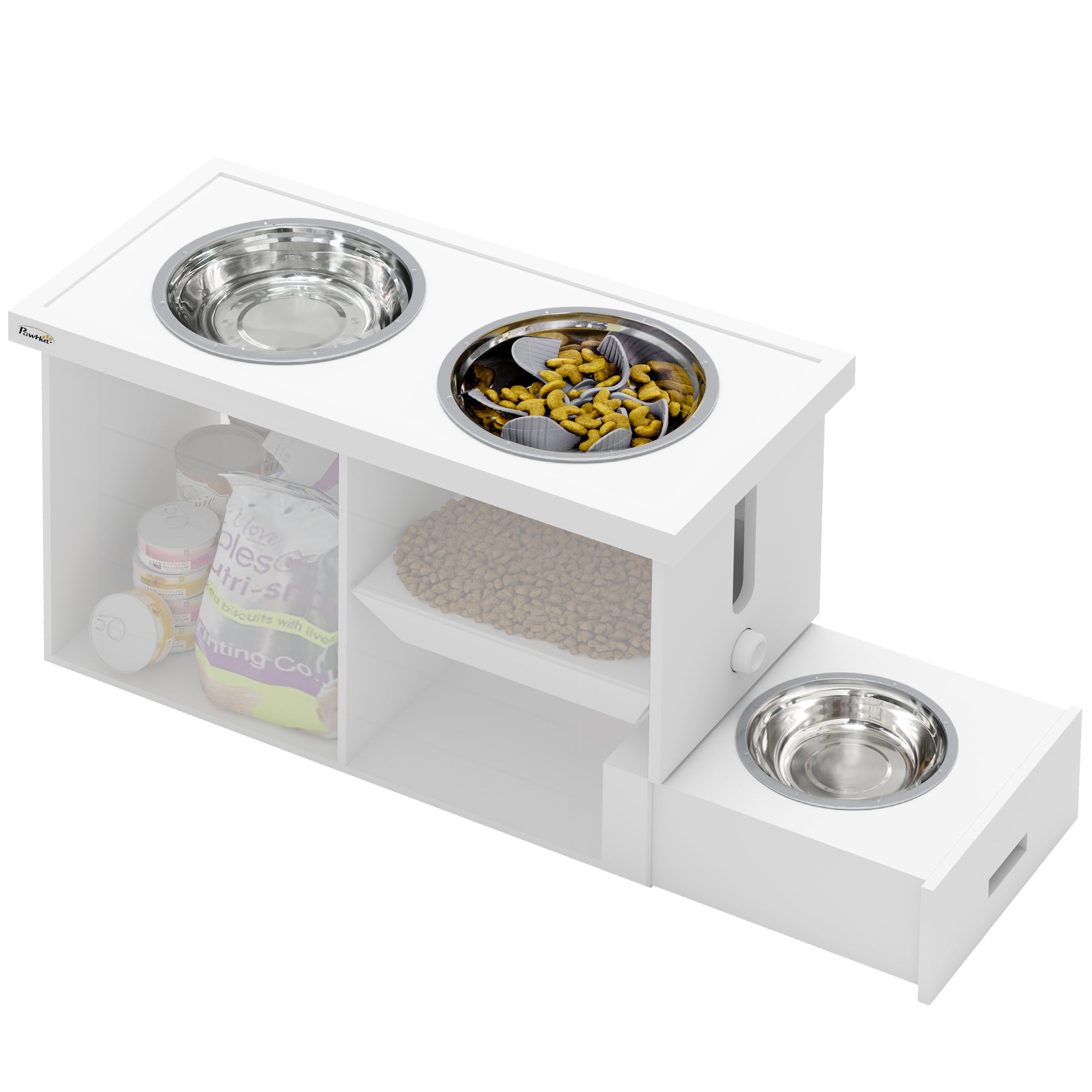 Raised Dog Bowls w/ Slow Feeder Mat, Storage Cabinet, 3 Stainless Steel Bowls, Semi-Auto Dispenser Function, White