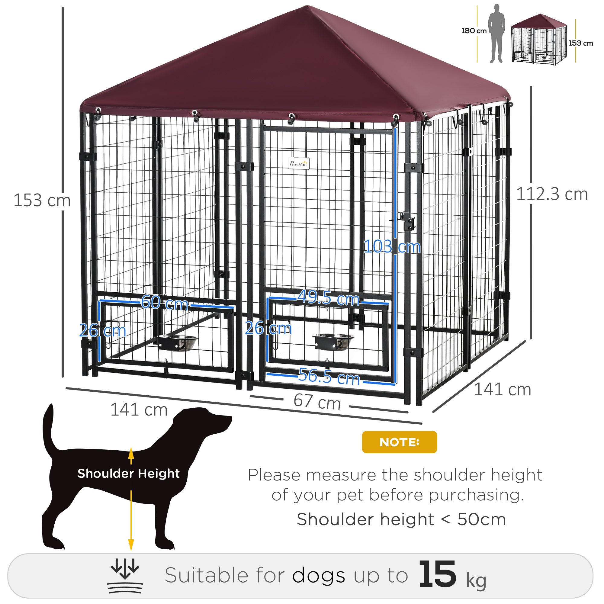 Outdoor Dog Kennel with Rotating Bowl Holders, Water and UV-Resistant Cover for Medium & Small Dogs, Red