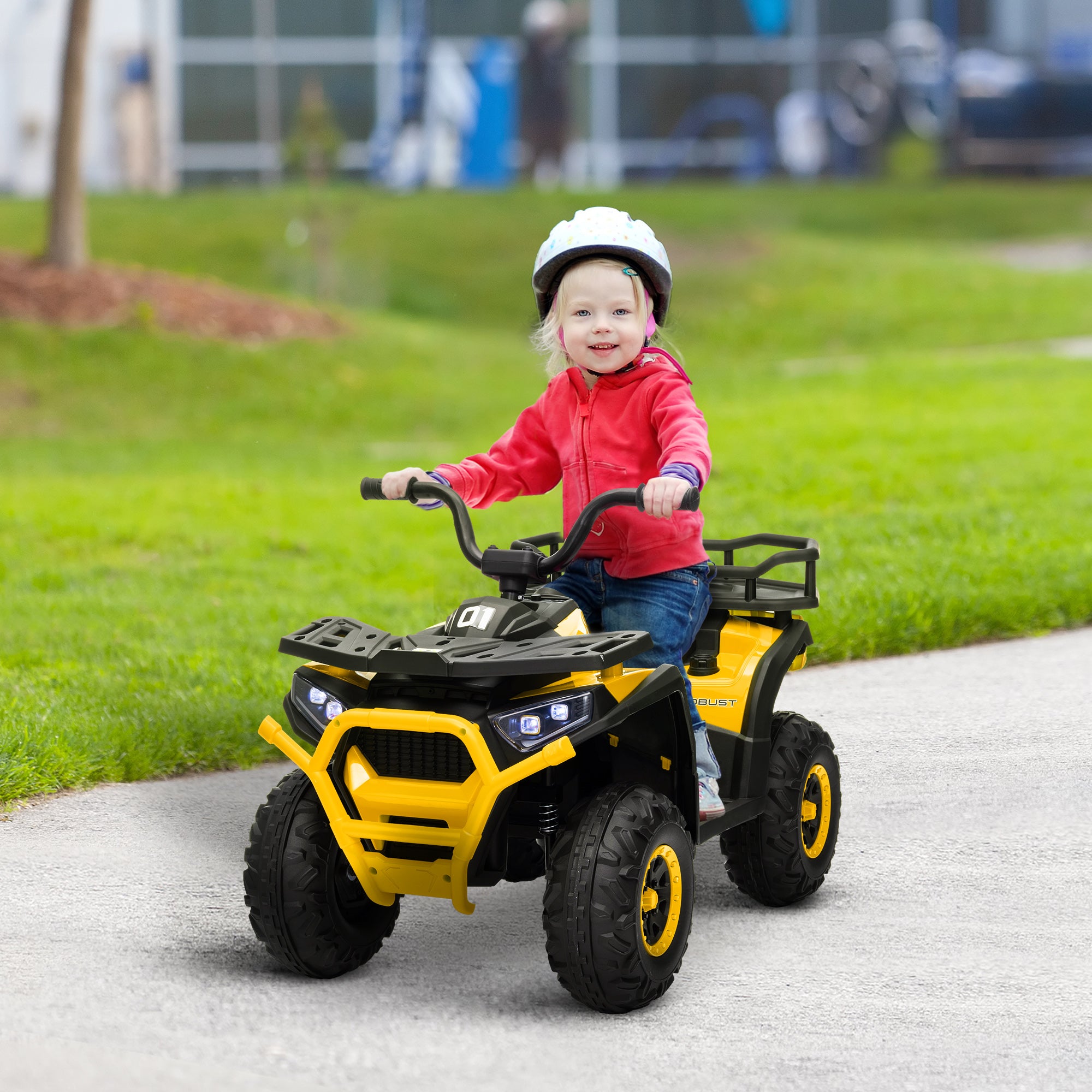 12V Kids Electric Ride on ATV, Battery Powered Quad Bike w/ Spring Suspension, Forward Backward, Storage Basket - Yellow