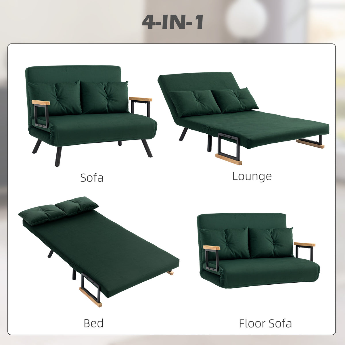 4-in-1 Velvet-Feel Double Sofa Bed with Pillows - Green