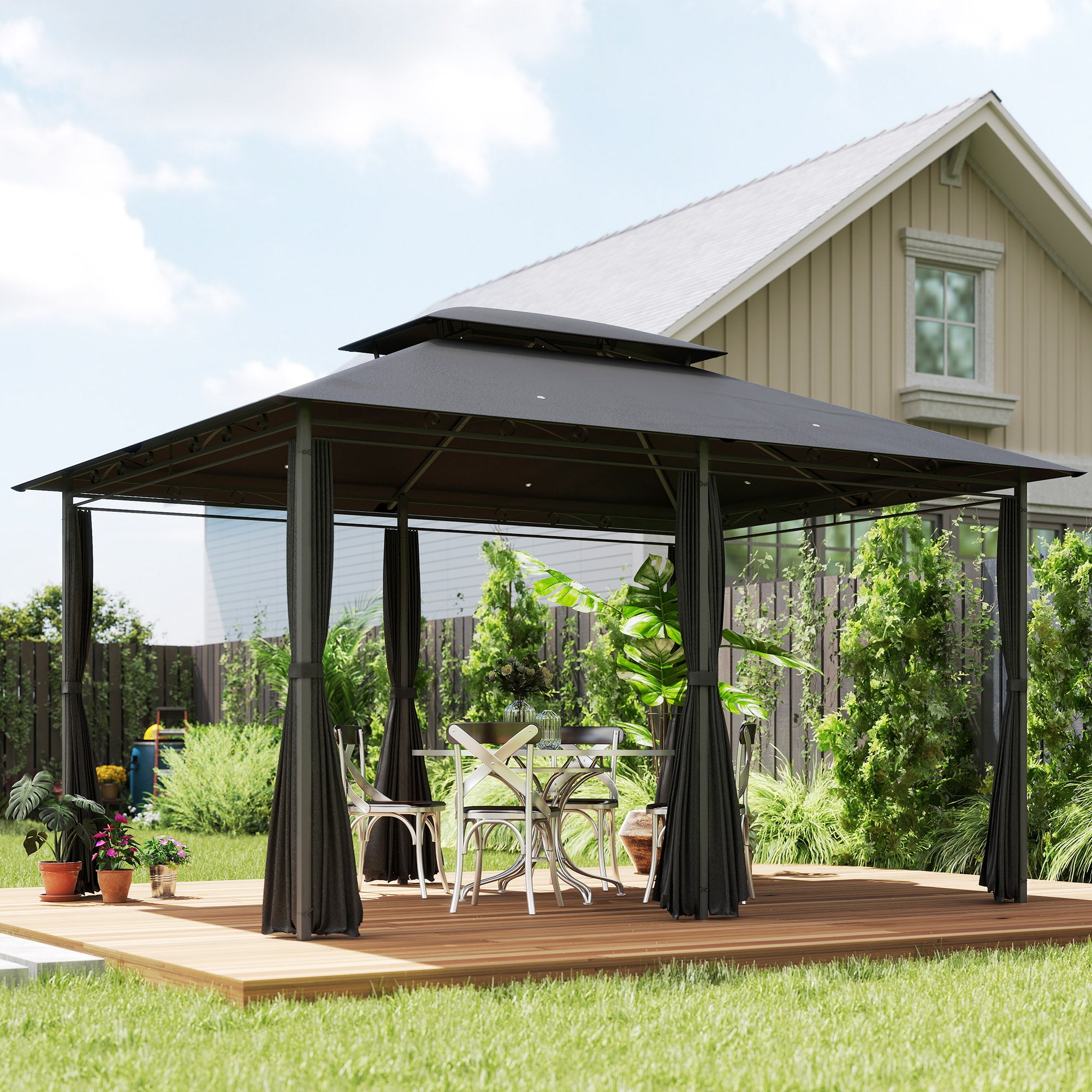 3 x 4m Steel Gazebo, with Curtains - Black