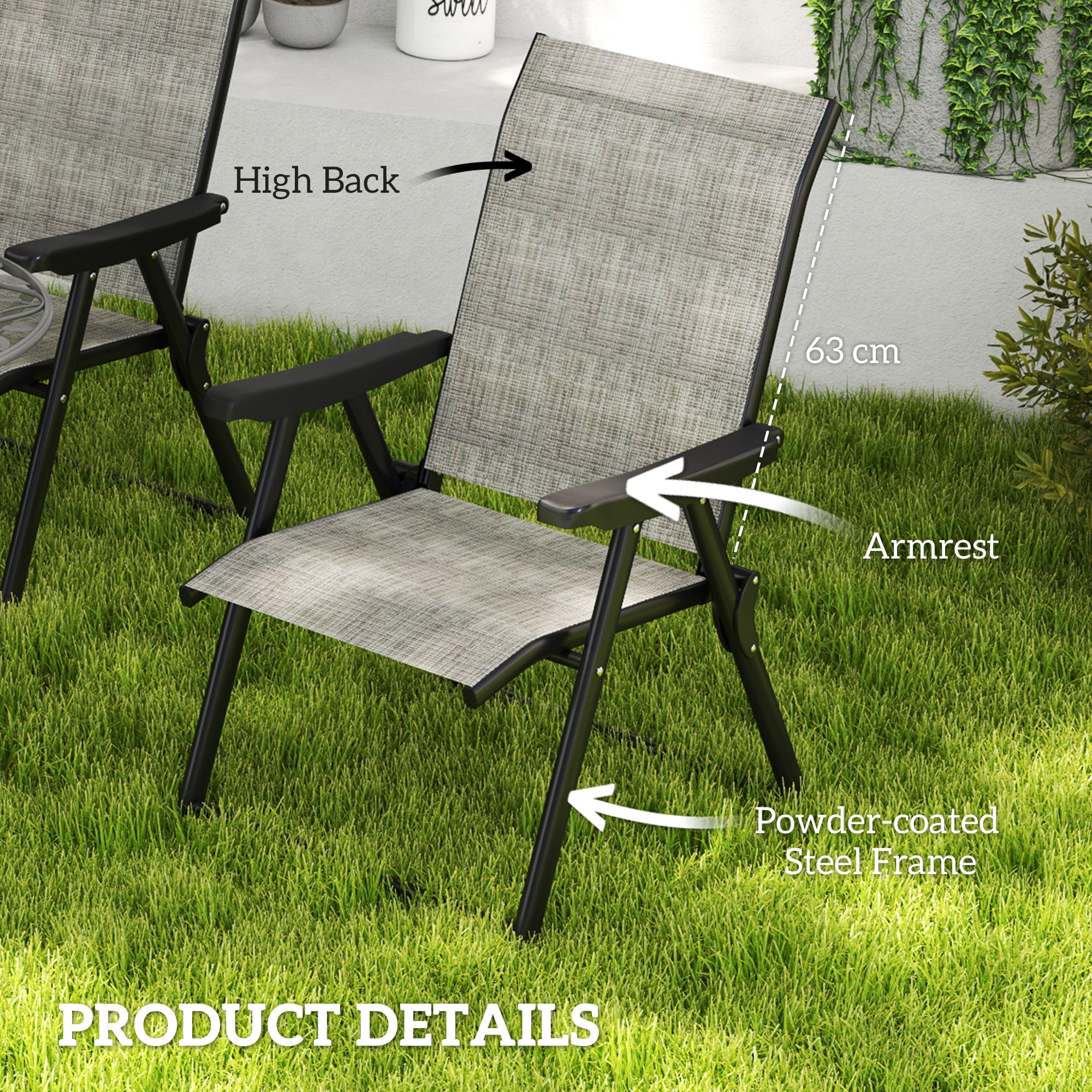 Set of 4 Folding Outdoor Chairs with Breathable Mesh Seats - Black Grey
