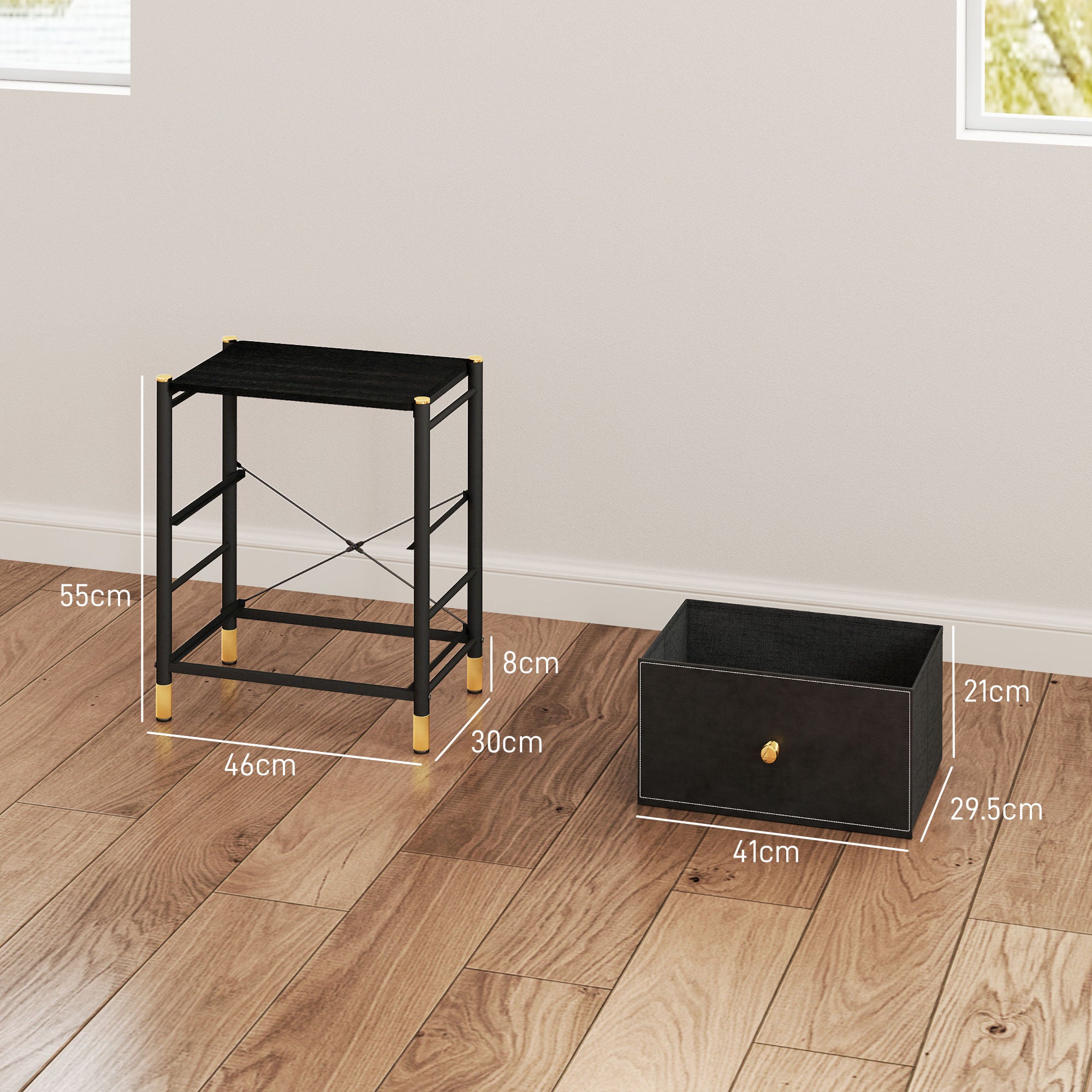 Bedside Table, PU Leather Side Table with 2 Drawers, Bedside Cabinet with Steel Legs for Bedroom, Living Room, Black