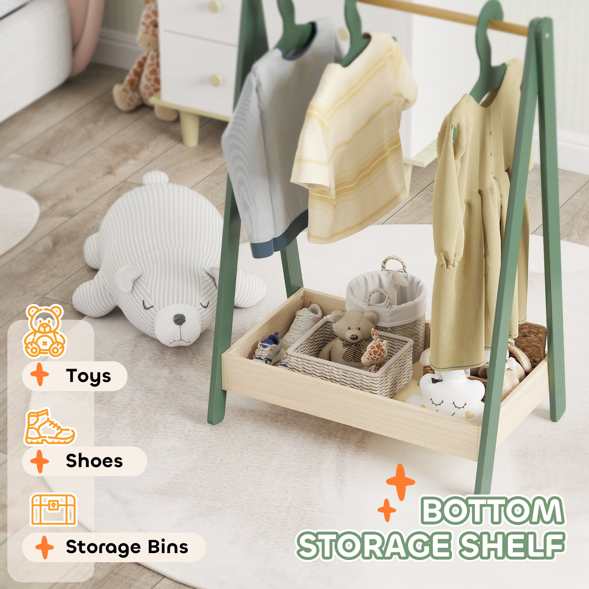 Kids Clothes Rail with 3Hangers, Bottom Storage Shelf for Girls, Boys, Nursery, Bedroom, Green
