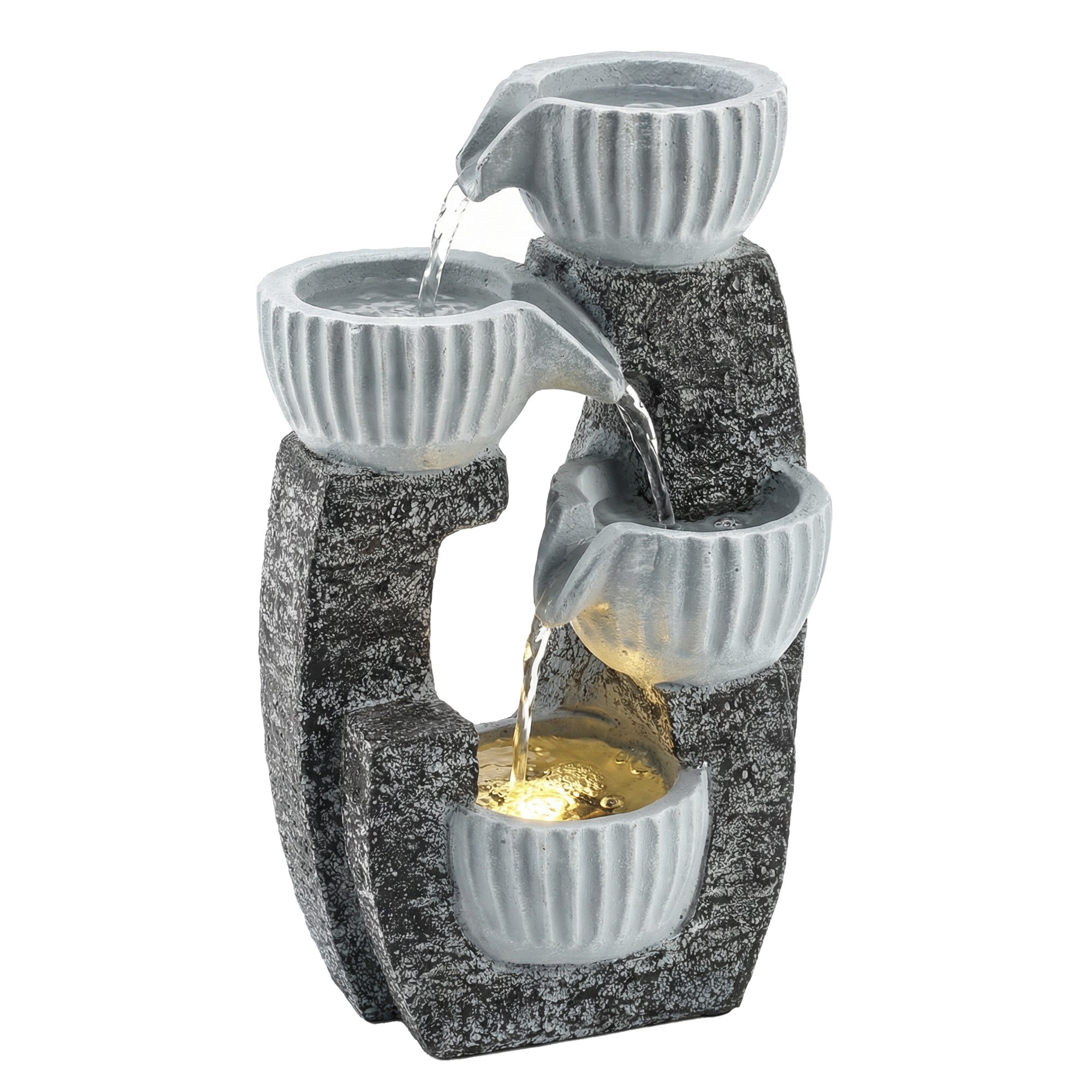 4-Tier Bowl Water Feature, Indoor Outdoor Garden Water Fountain with Pump and LED Lights, Resin Cascading Waterfall
