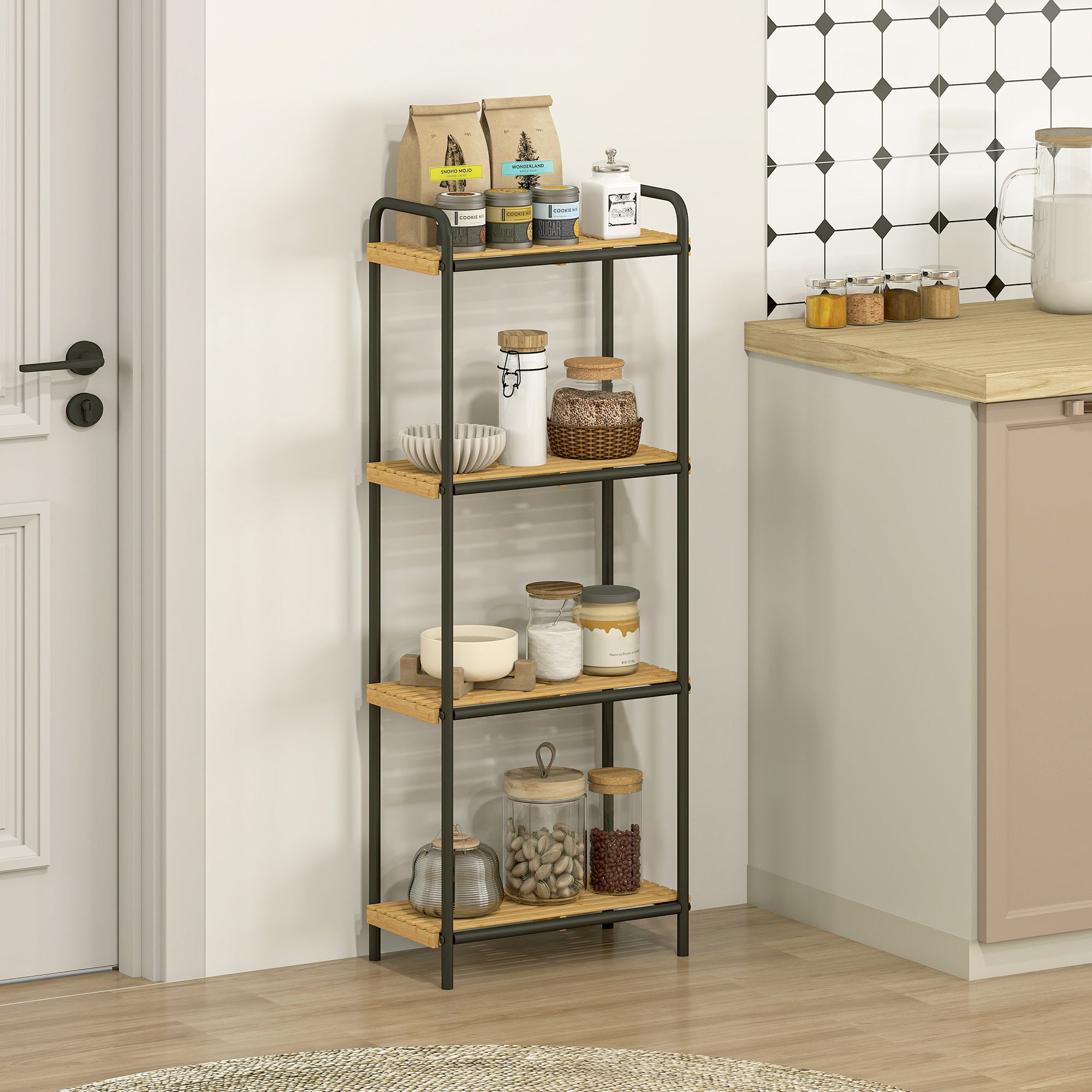 4-Tier Bamboo Bathroom Storage Shelf, Freestanding Narrow Shelving Unit with Slatted Shelves for Kitchen Bathroom Living Room, 41.5 x 21.5 x 106 cm, Natural and Black