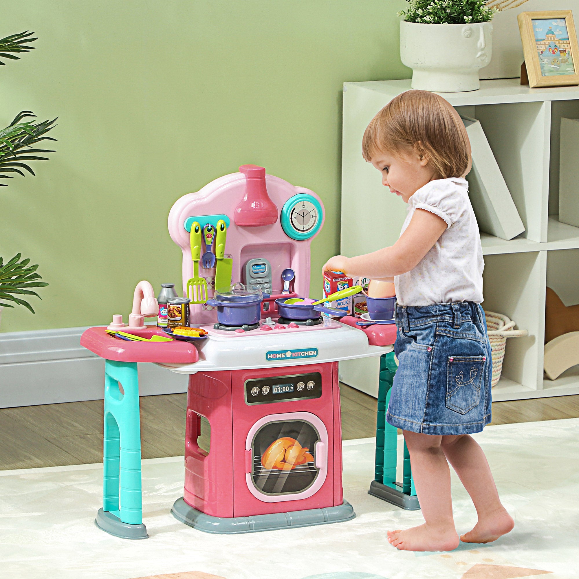 45-Piece Kids Kitchen, Toy Kitchen, with Rotating Side Tables, Lights, Sound Spray