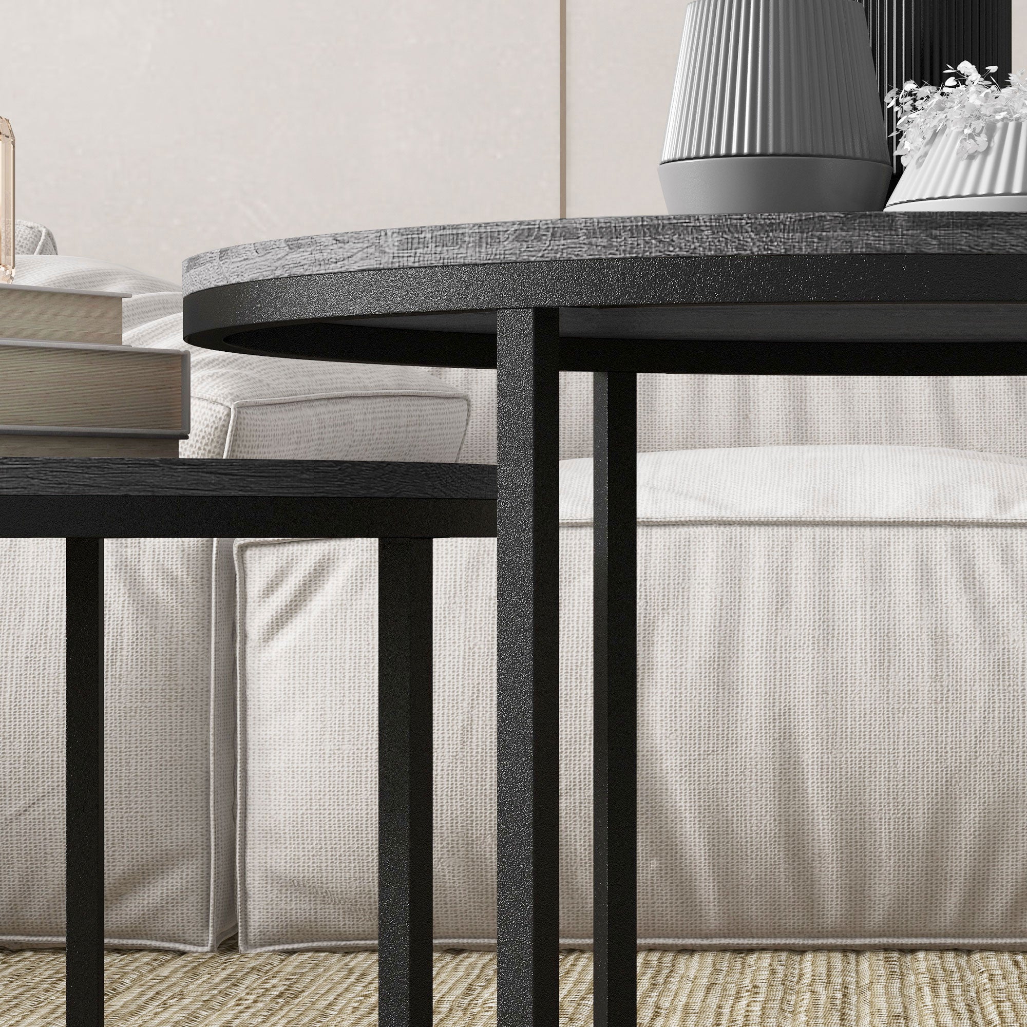 Set of Two Marble-Effect Stacking Tables - Wood Grey