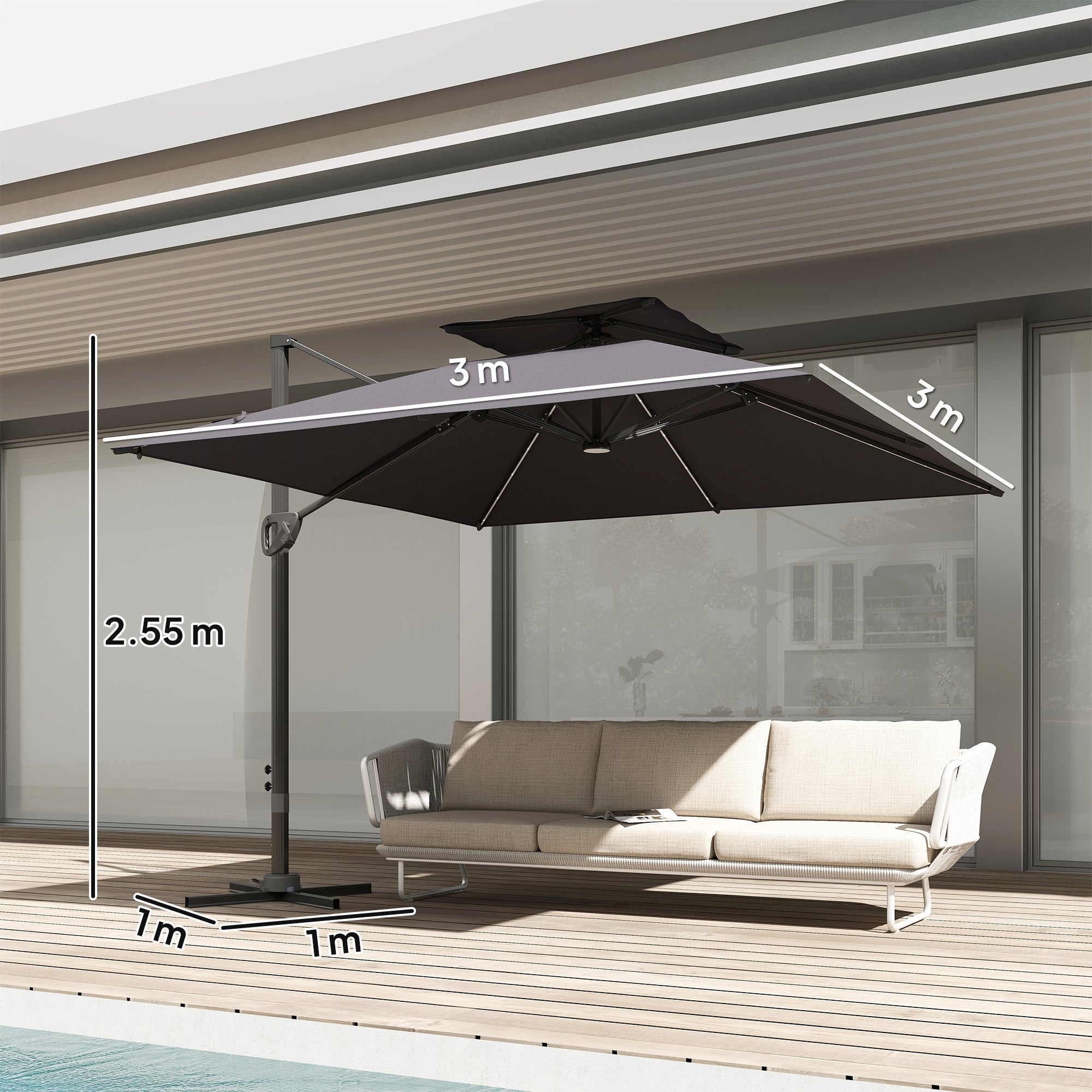 3.5x3 m Garden Cantilever Parasol with Solar LED Lights and Centre Light, Aluminium Large Square Patio Umbrella, UPF50+ Hanging Sun Shade with Cross Base, Crank Handle and Tilt, Grey