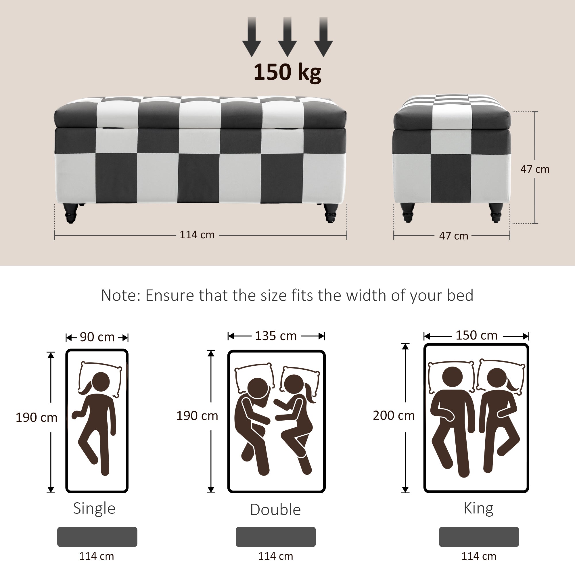 Storage Ottoman, Storage Bench with Wood Legs, Footstool, Footrest with Velvet Surface for Bedroom, Hallway, Living Room, 114 x 47 x 47 cm, Dark Grey and White