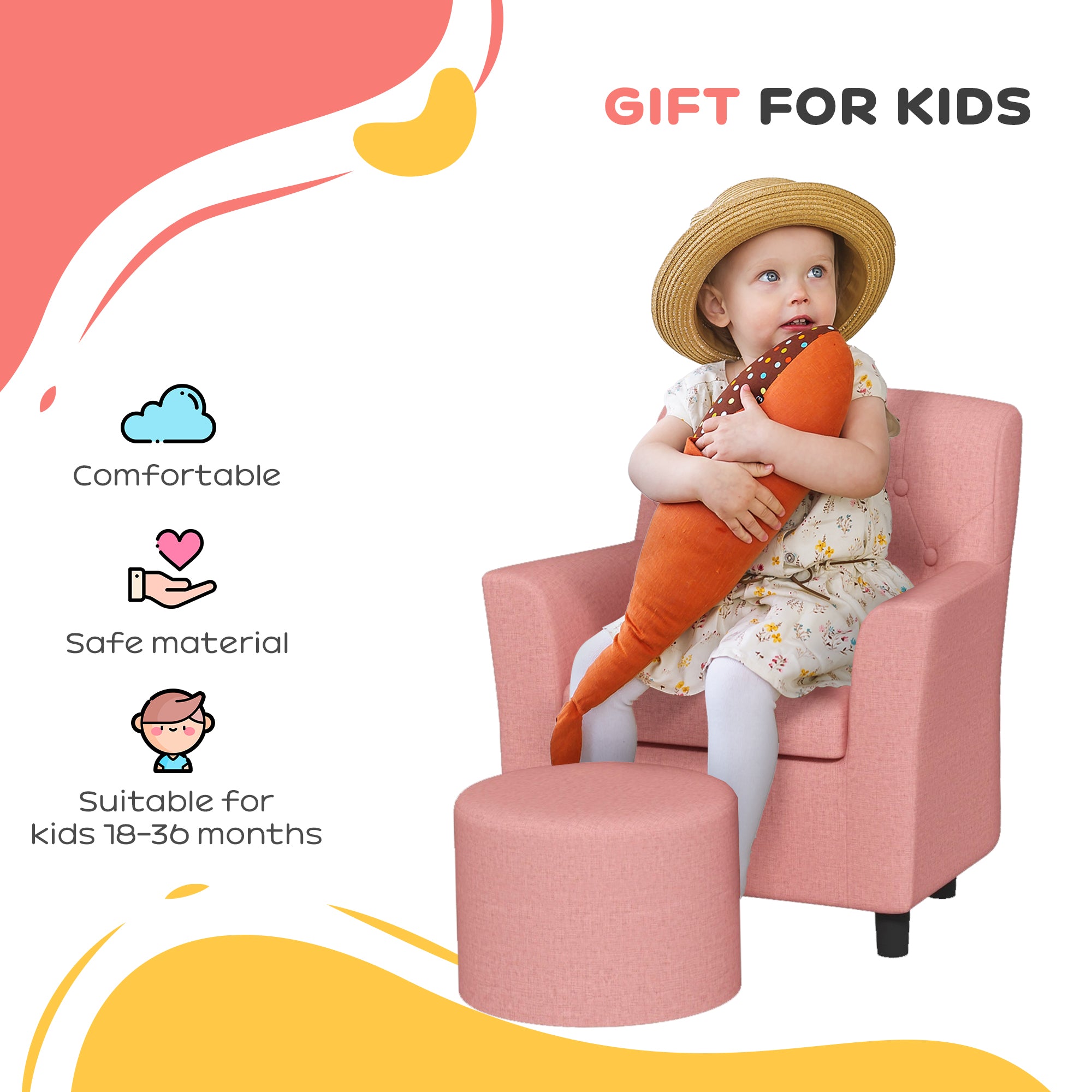 2PCs Kids Sofa Set with Footrest, for Playroom, Bedroom, Pink