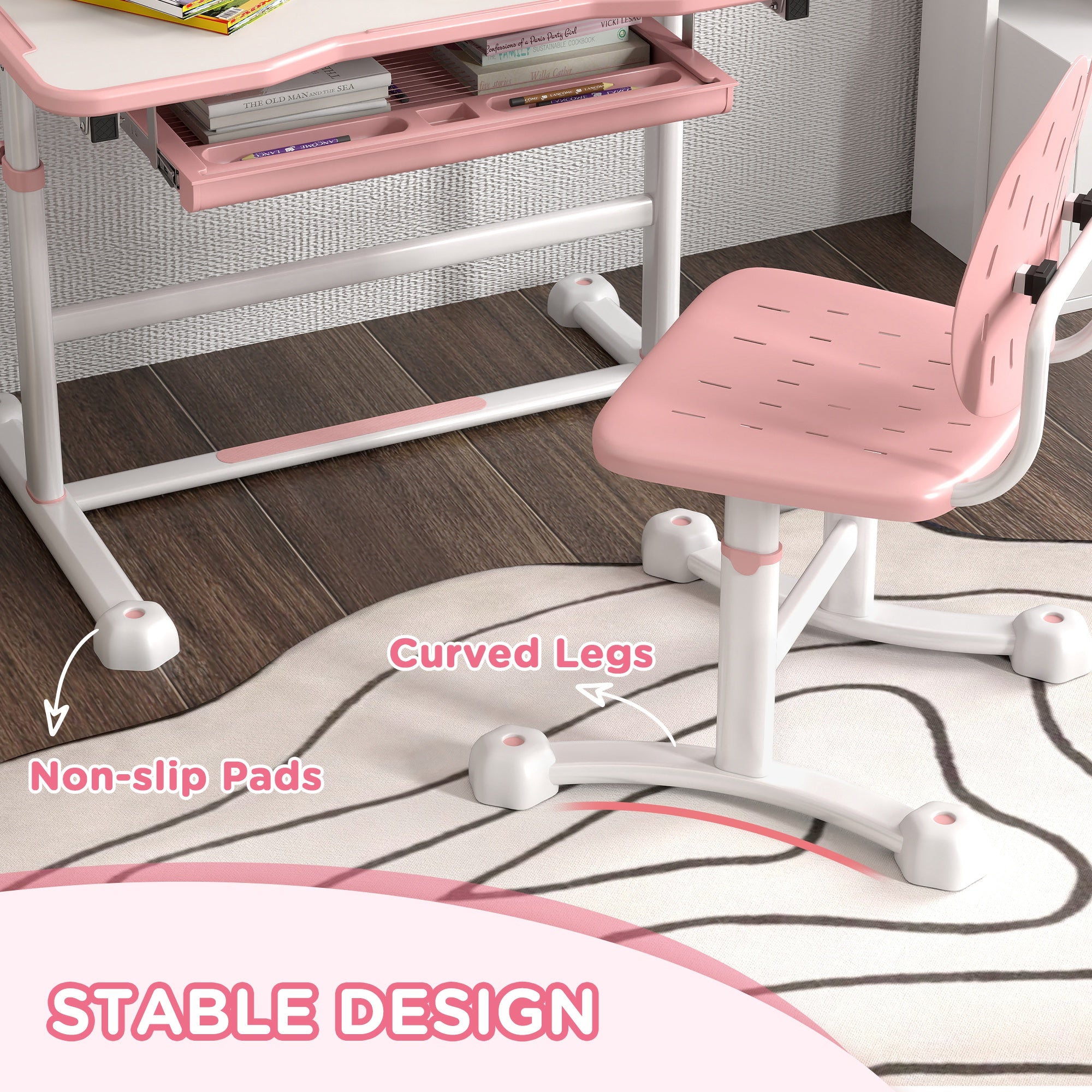 Height Adjustable Kids Desk and Chair Set, School Study Writing, Reading Table Chair Set w/ Tilted Desktop, Pink