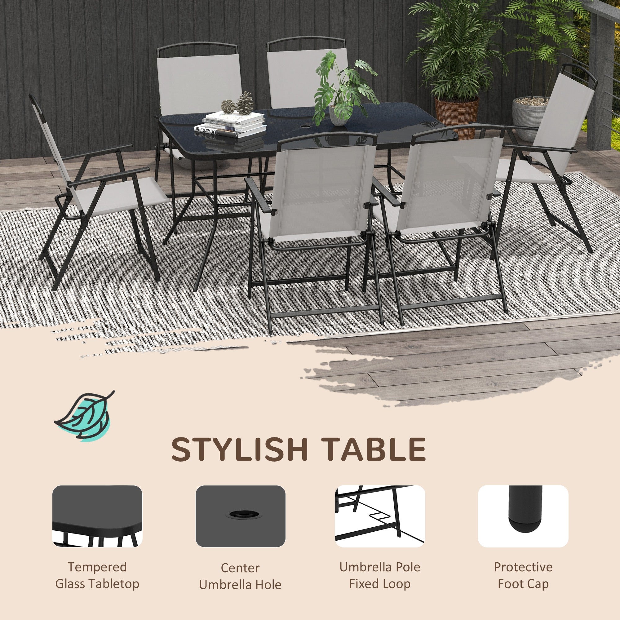 Seven-Piece Garden Dining Set, with Glass-Top Table and Folding Chairs - Grey