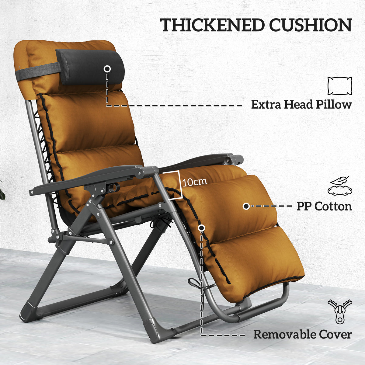 Set of 2 Reclining Sun Loungers with Cushions and Side Trays - Brown Steel Frame