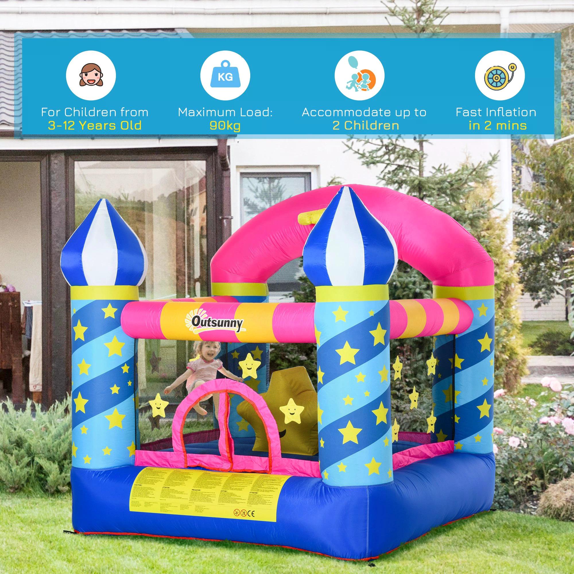 Kids Bouncy Castle, Inflatable Trampoline with Blower for Age 3-8 Castle Stars Design 1.95 x 1.95 x 2.15m