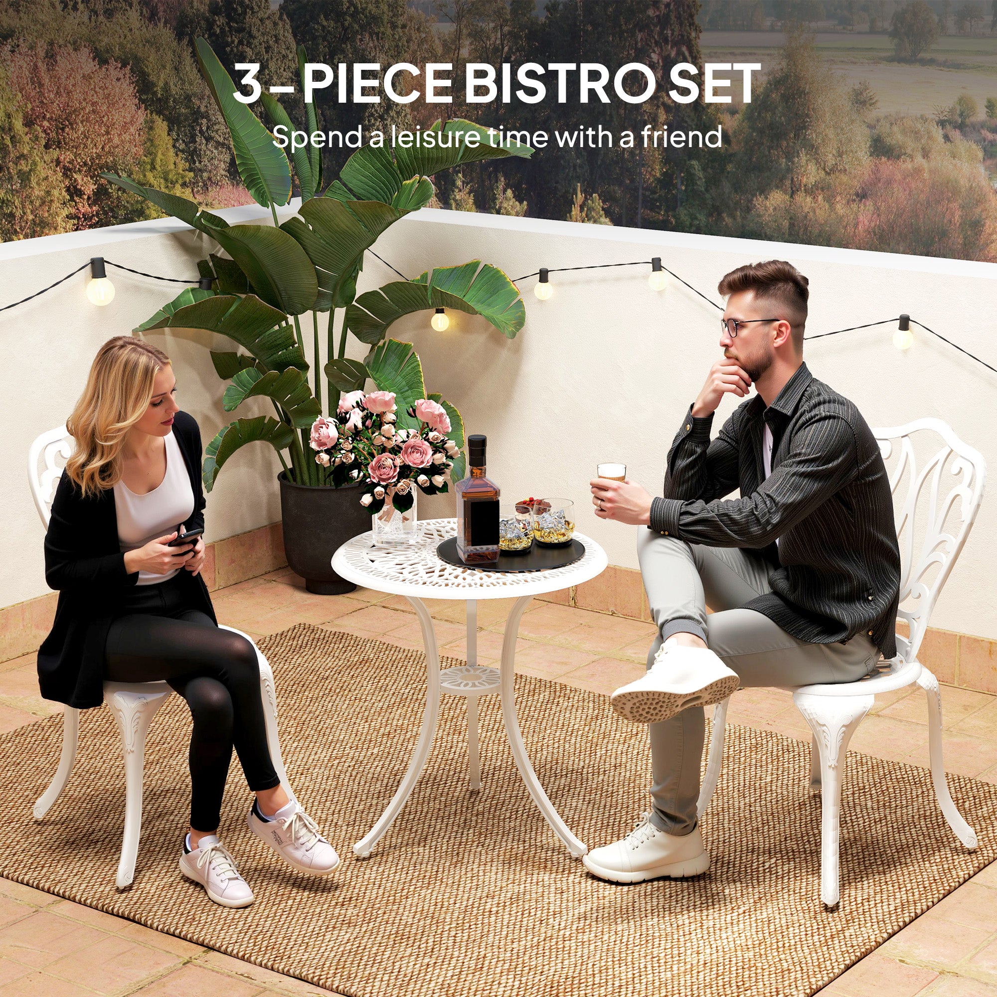 3 Piece Cast Aluminium Garden Bistro Set with Umbrella Hole - White