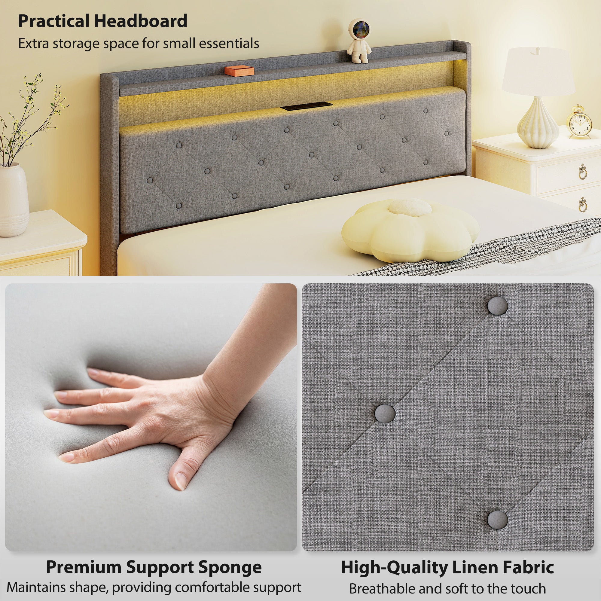 Floating Bed Frame, Upholstered 5ft King Size Bed, Platform Bed with RGB LED Lights and Charging Station, Grey