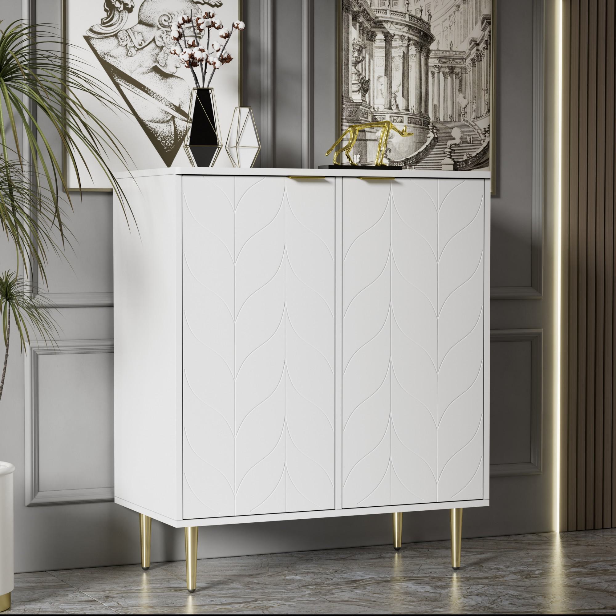 Lacquered Sideboard with 2 Doors and 6 Compartments, Gold-Plated Feet and Handles, 3 Shelves, 75L x 40W x 90H cm, White