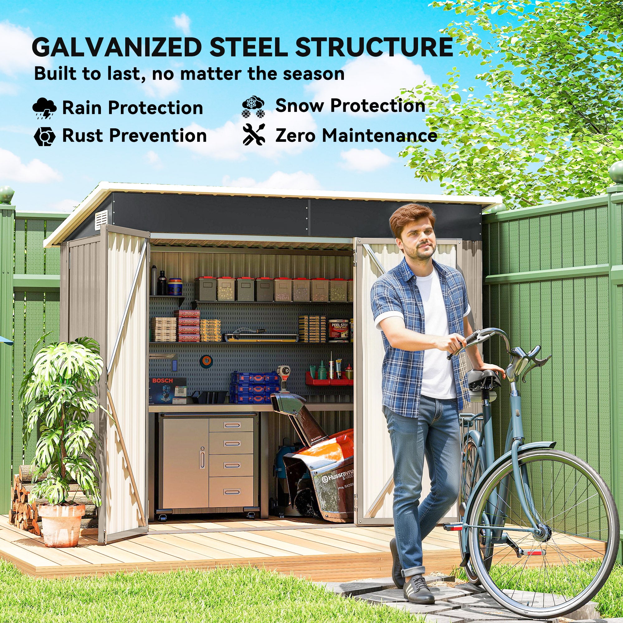 7.5 x 4.3ft Metal Garden Storage Shed, Waterproof Outdoor Shed with Triple Lockable Door, Gloves, Vents, Light Grey