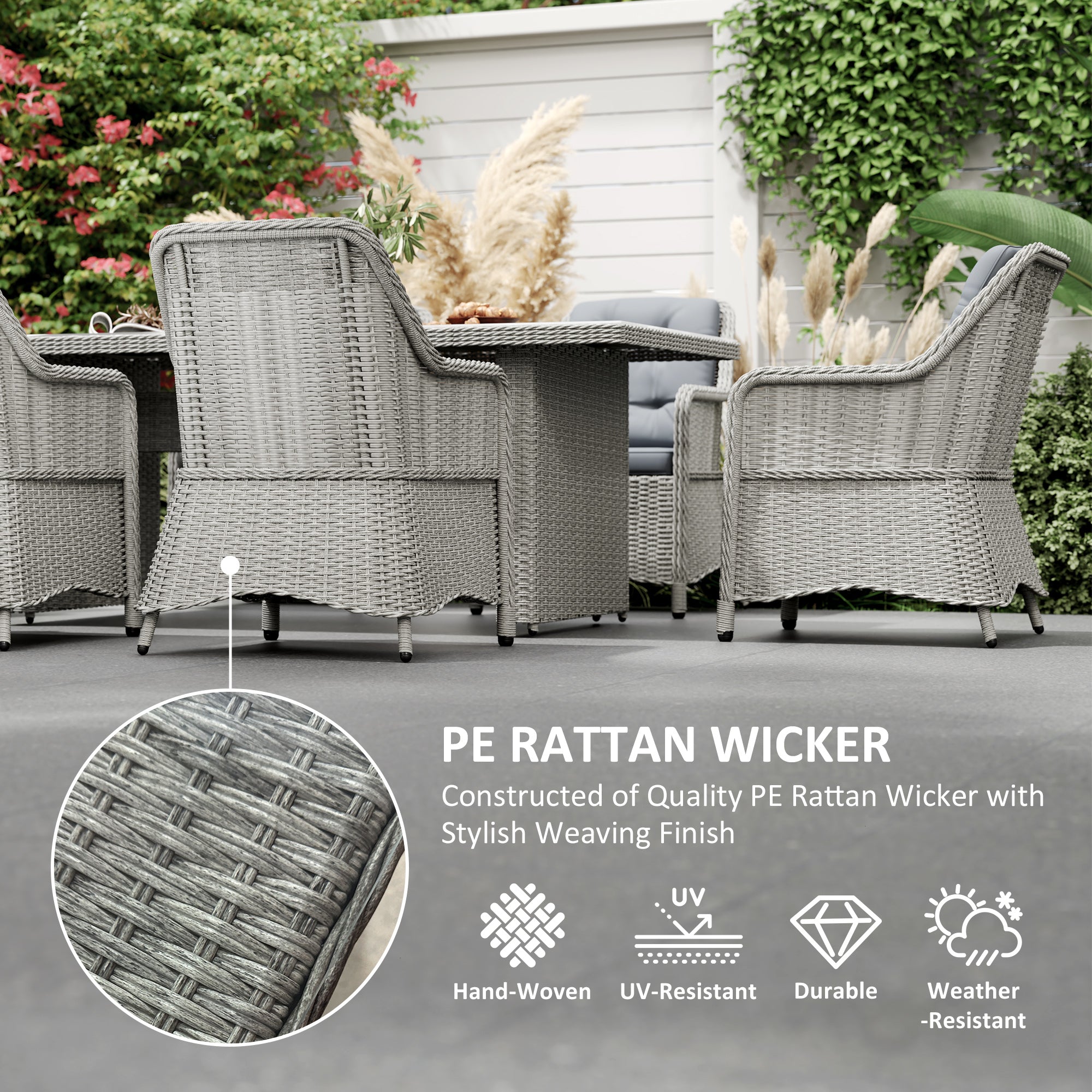 6 Seater PE Rattan Dining Set with Cushions and Glass Table - Grey