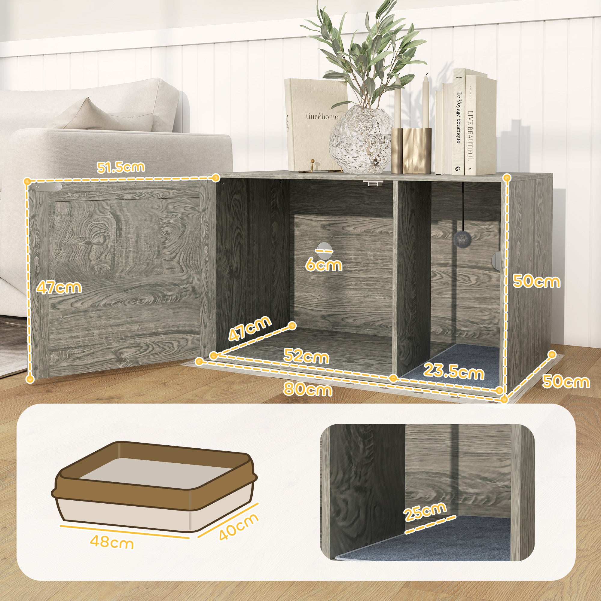 Boho Style Cat Litter Box Enclosure with Rattan Door, Scratching Mat, Toy Ball, Non-slip Foot Pads, 80 x 50 x 50cm, Grey