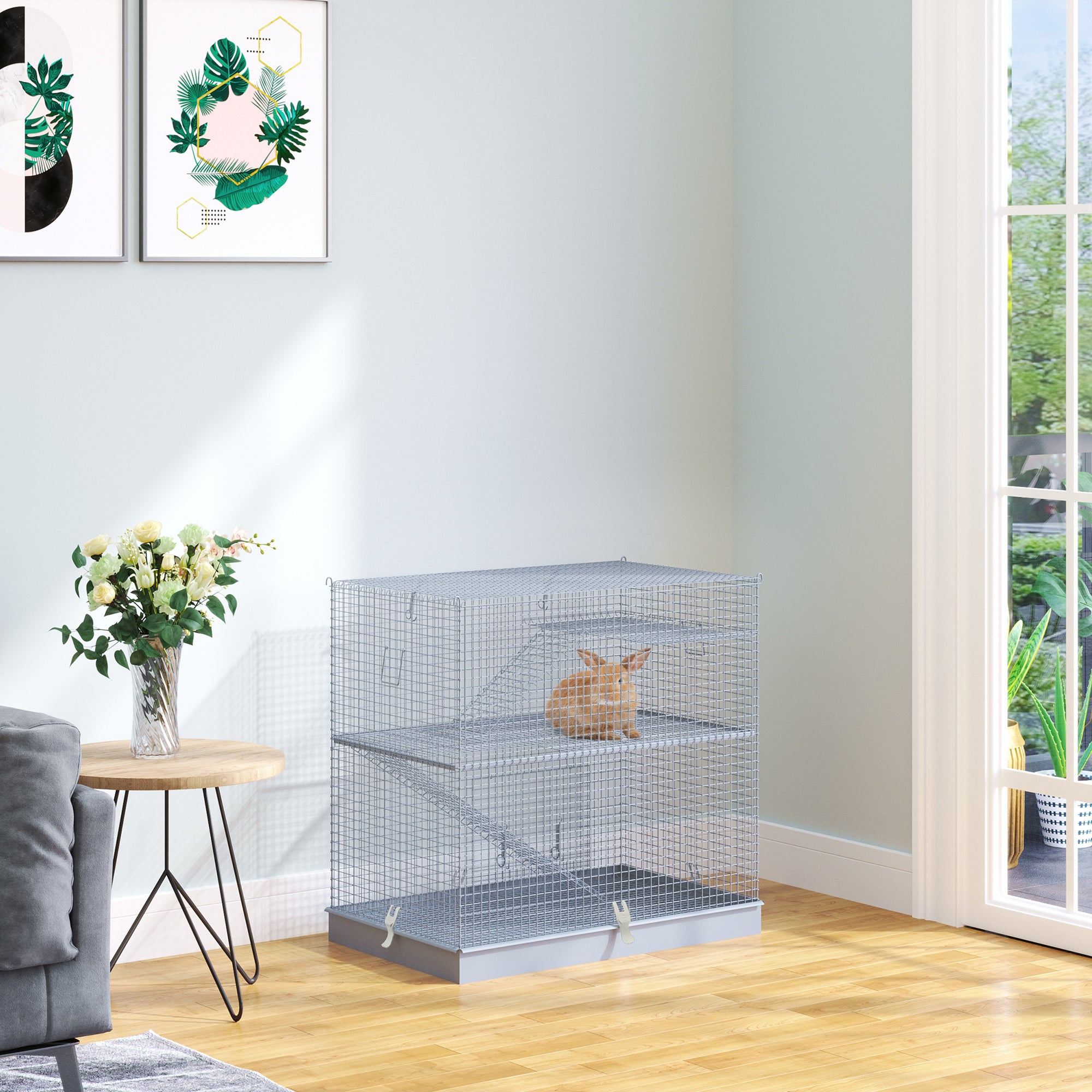 3-Level Metal Hamster Cage Platform Feeding Habitat Easy Clip Base Ladder, Grey