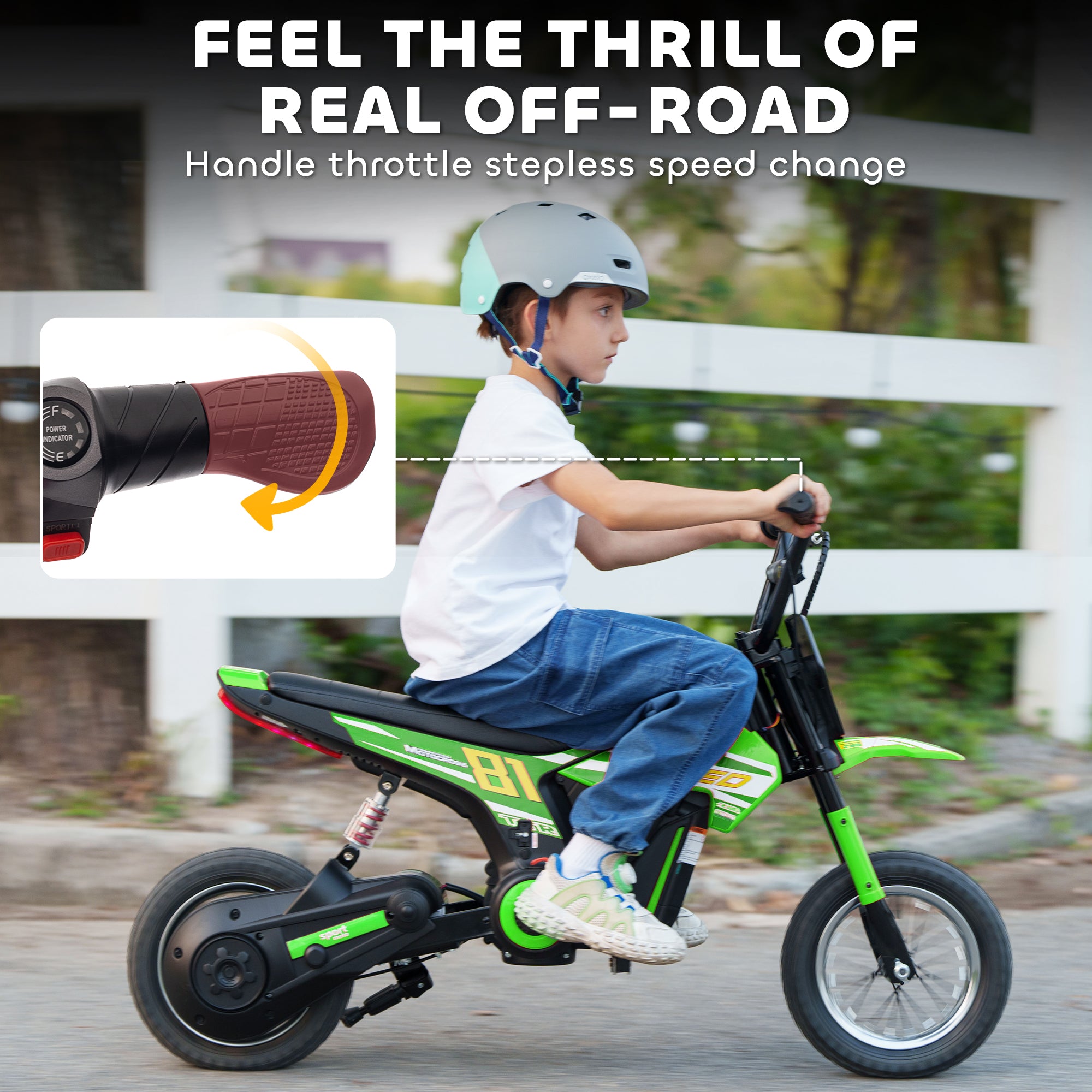Kids Electric Motorbike, 24V Ride On Motorcycle with 3 Speeds and Rear Suspension, Dirt Bike for 8-12 Years Old, Green