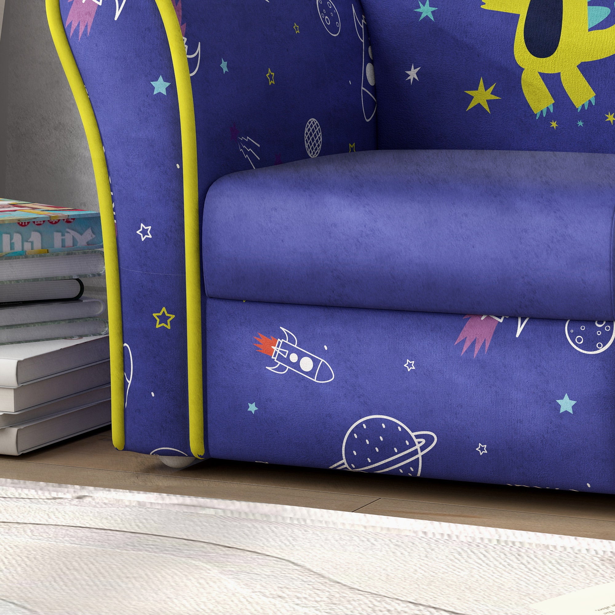 Kids Armchair with Planet Dinosaurs Design, Wooden Frame, for Bedroom, Playroom, Kids Room, Blue