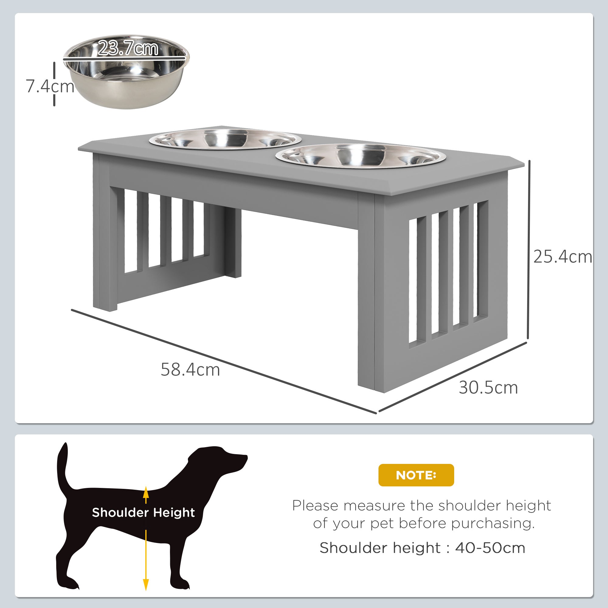 Raised Dog Feeding Bowls with Stand, Stainless Steel for Small and Medium Dog, 58L x 31W x 25H cm - Grey