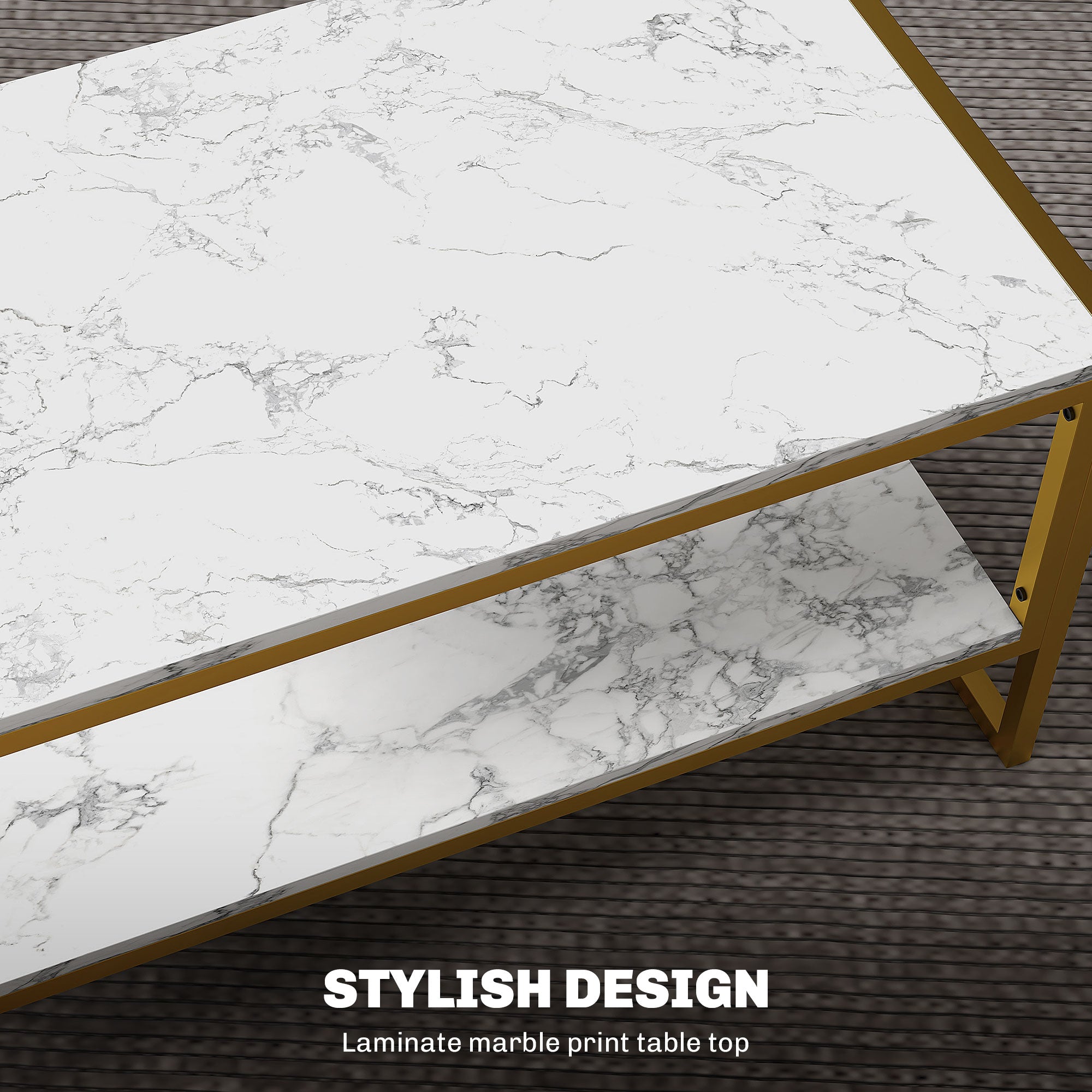 Coffee Table, Two-Tier Marble Centre Table with Metal Frame and Storage Shelf for Living Room, 106 x 50 x 45cm, White