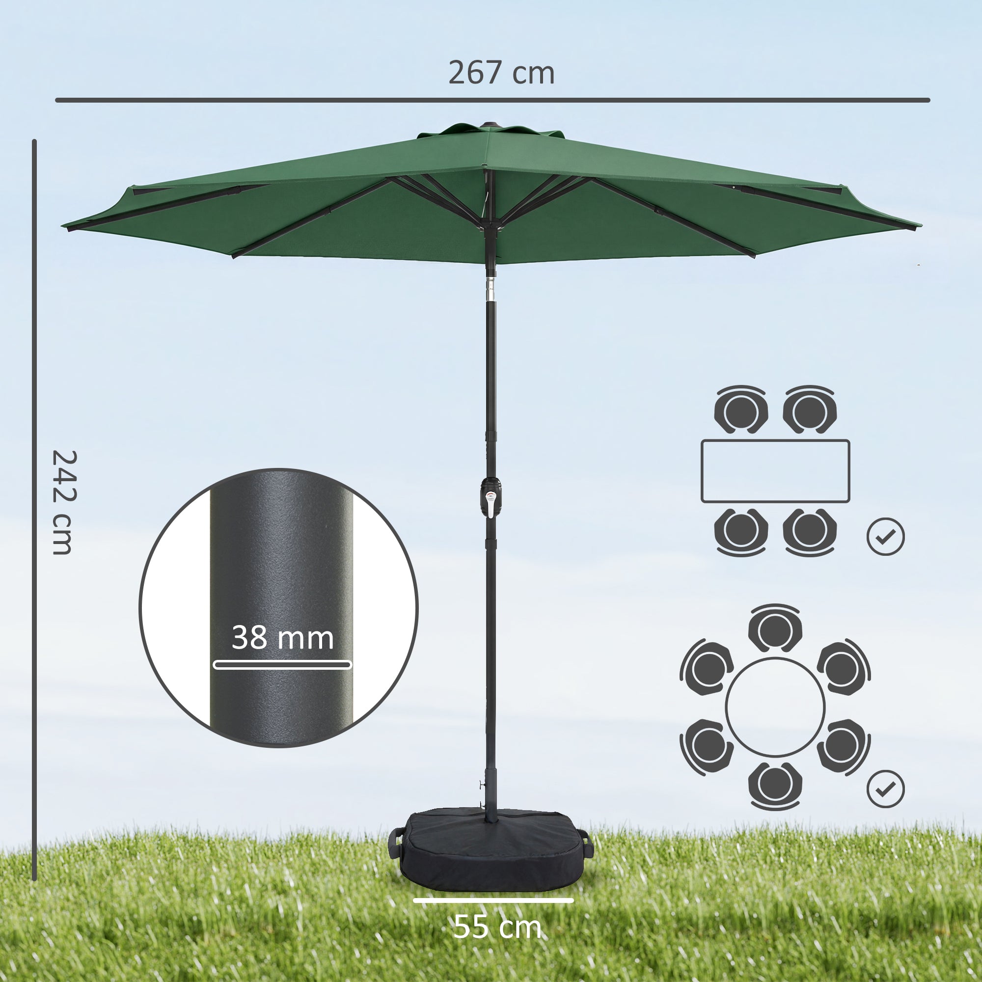 2.7 m Garden Parasol Umbrella with Cross Base and Sandbag, Retractable Ribs, Outdoor Table Market Umbrella, Green