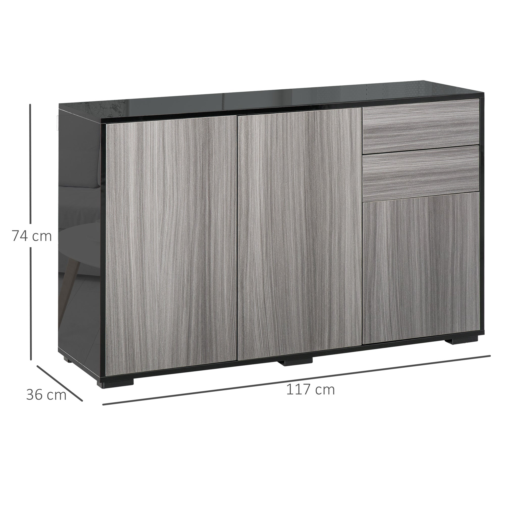 High Gloss Frame Sideboard, Side Cabinet, Push-Open Design with 2 Drawer for Living Room, Bedroom, Light Grey and Black