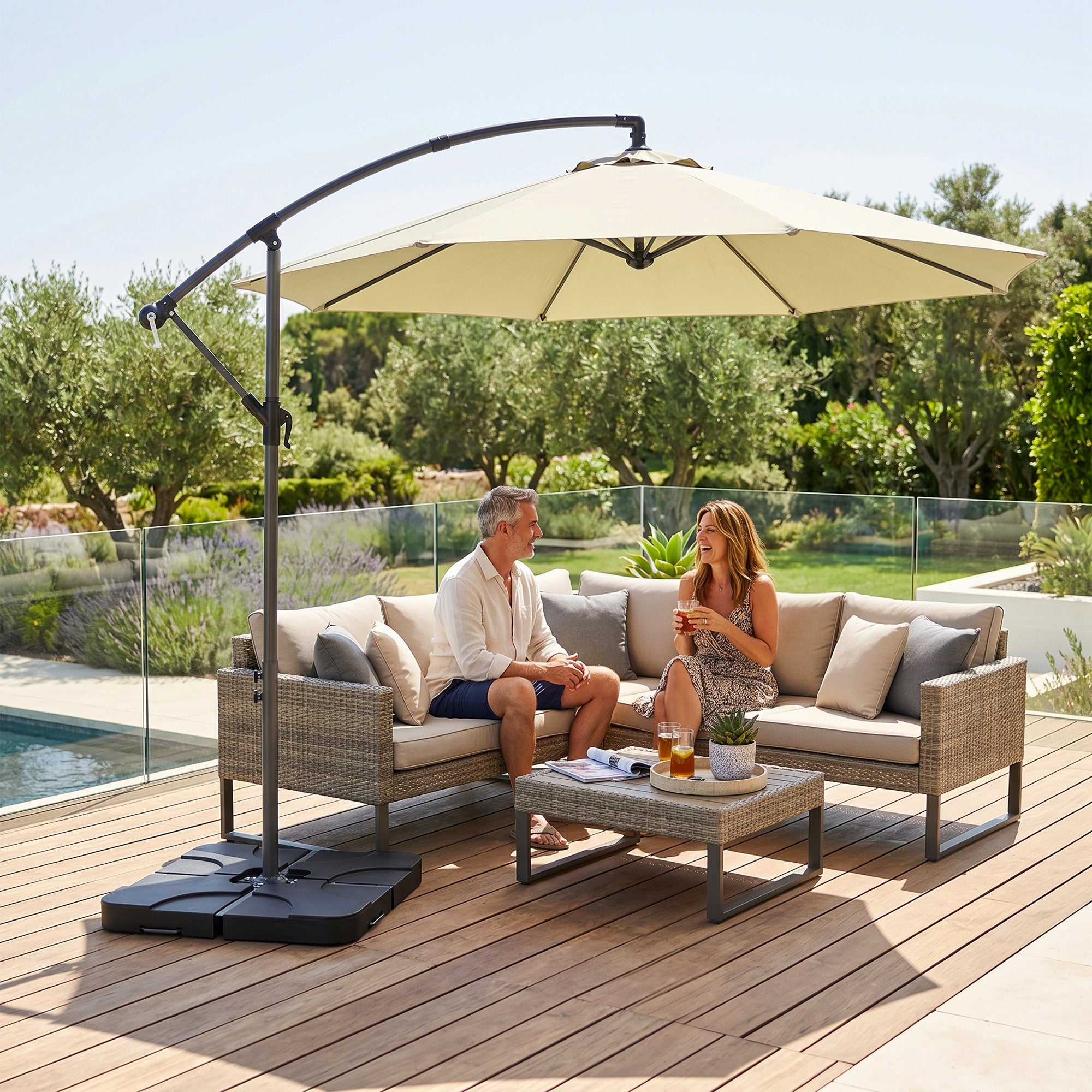 3m Overhanging Parasol, with Base, Weights and Cover - Sand brown