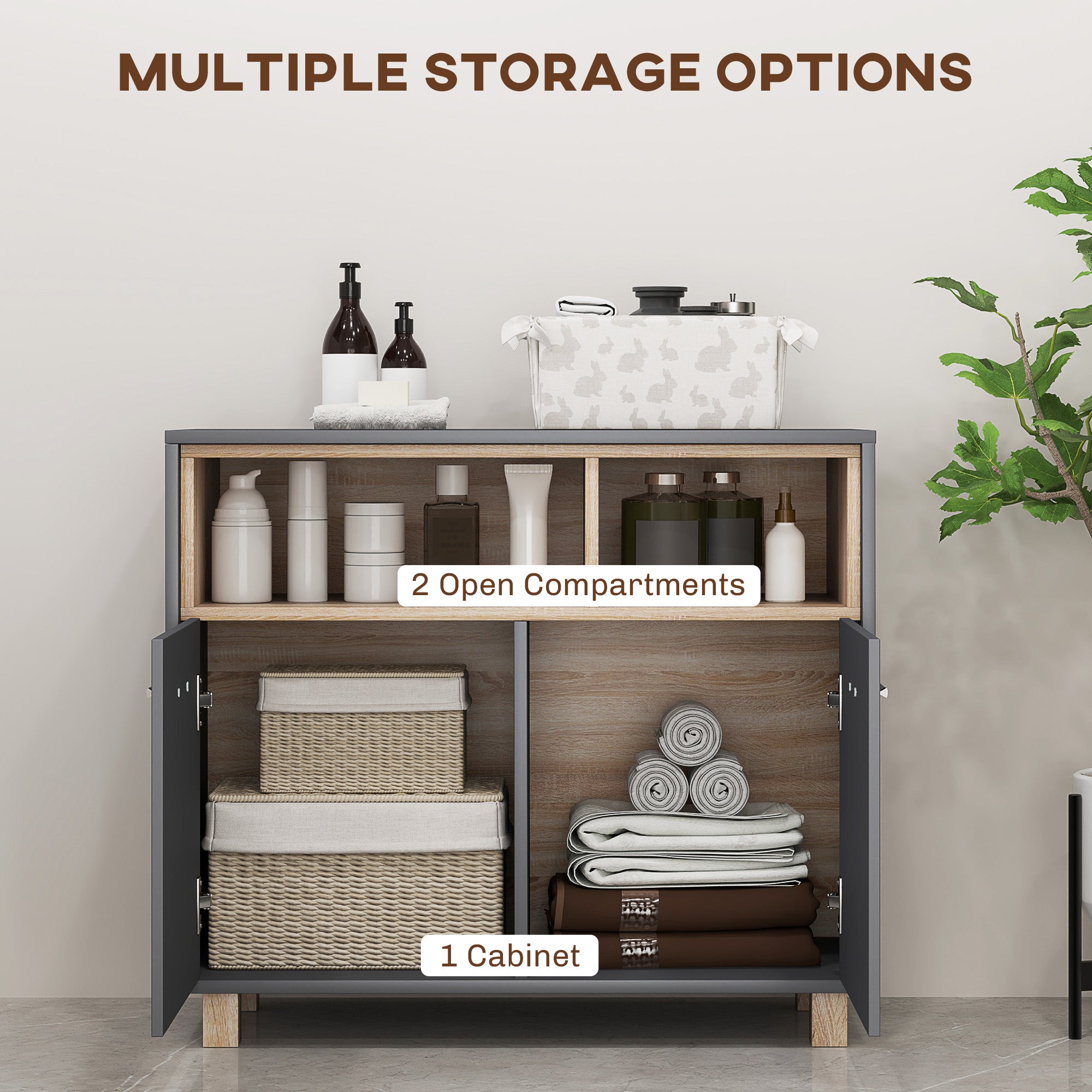 Freestanding Bathroom Cabinet, Bathroom Storage Unit, Bathroom Storage Cabinet with Open Compartments and Double Doors