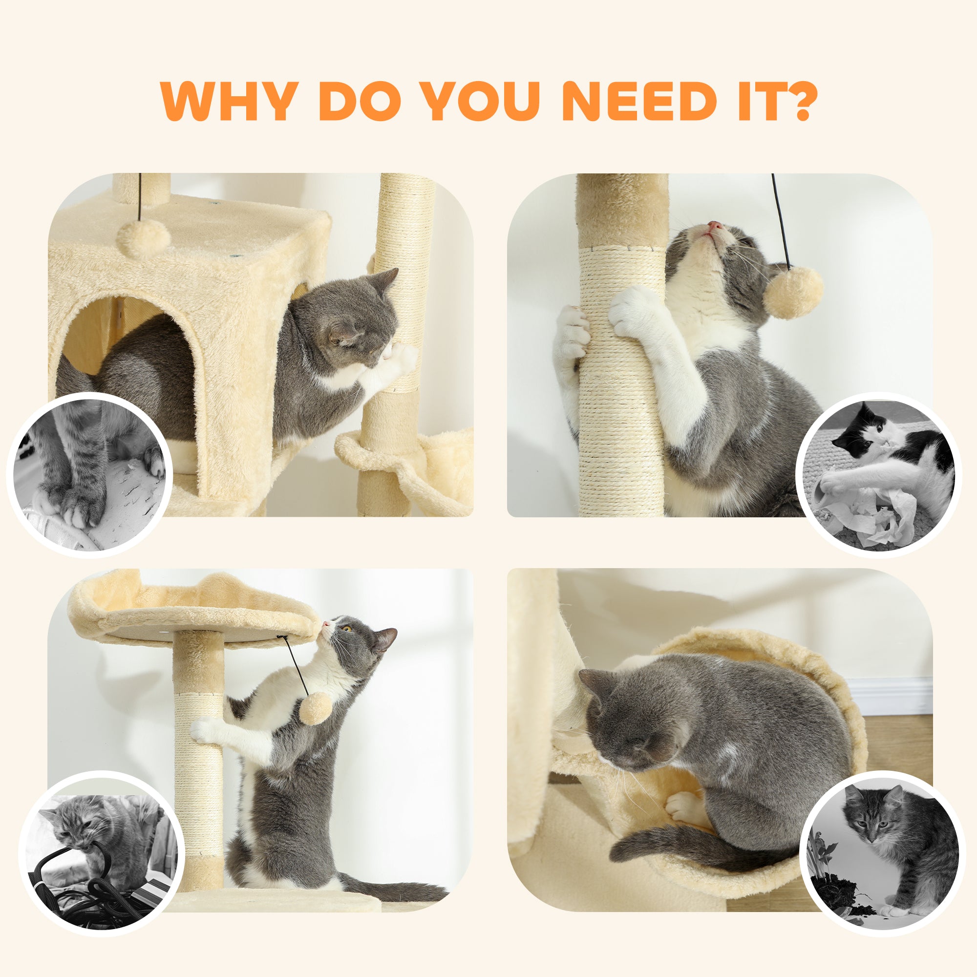 140cm Large Cat Tree Tower with Sisal Scratching Posts, Plush Perches, Hammock, Beige