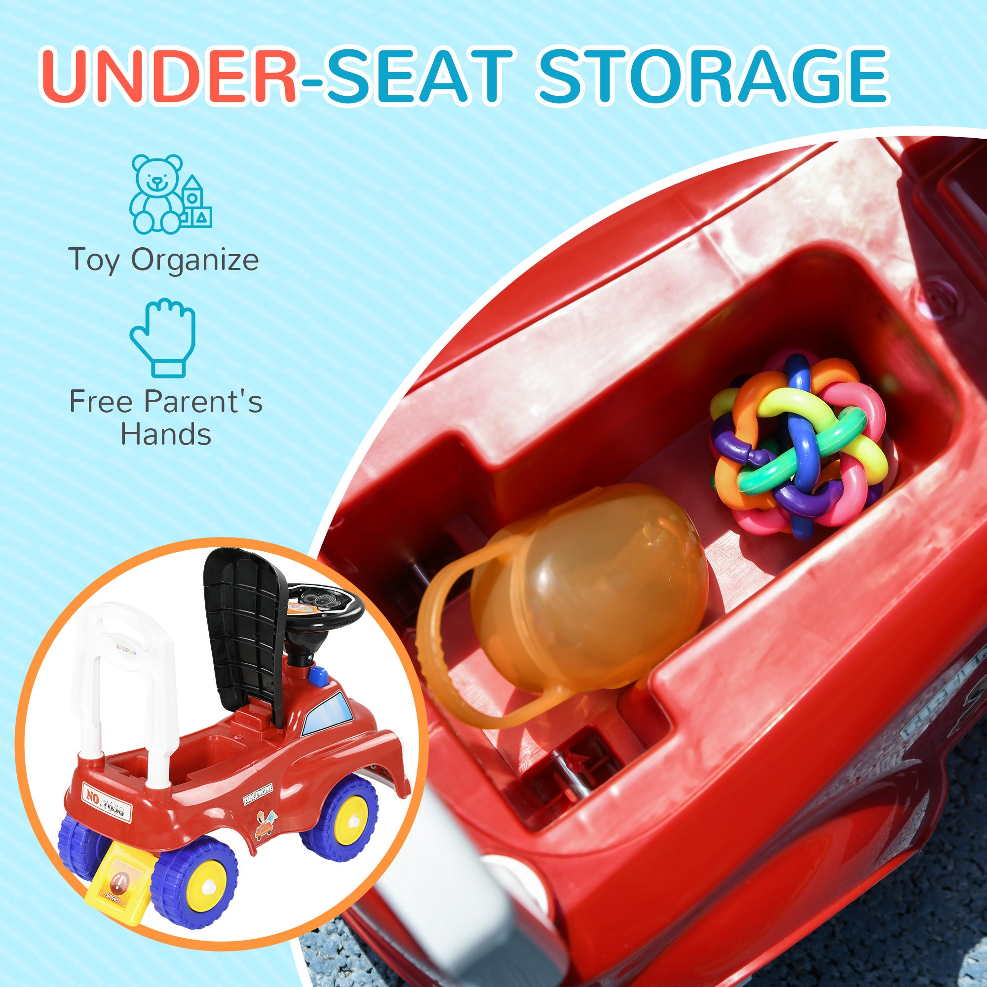 Ride On Fire Truck Foot to Floor Design with Under Seat Storage, Steering Wheel, Music, Light, for 1.5-3 Years, Red