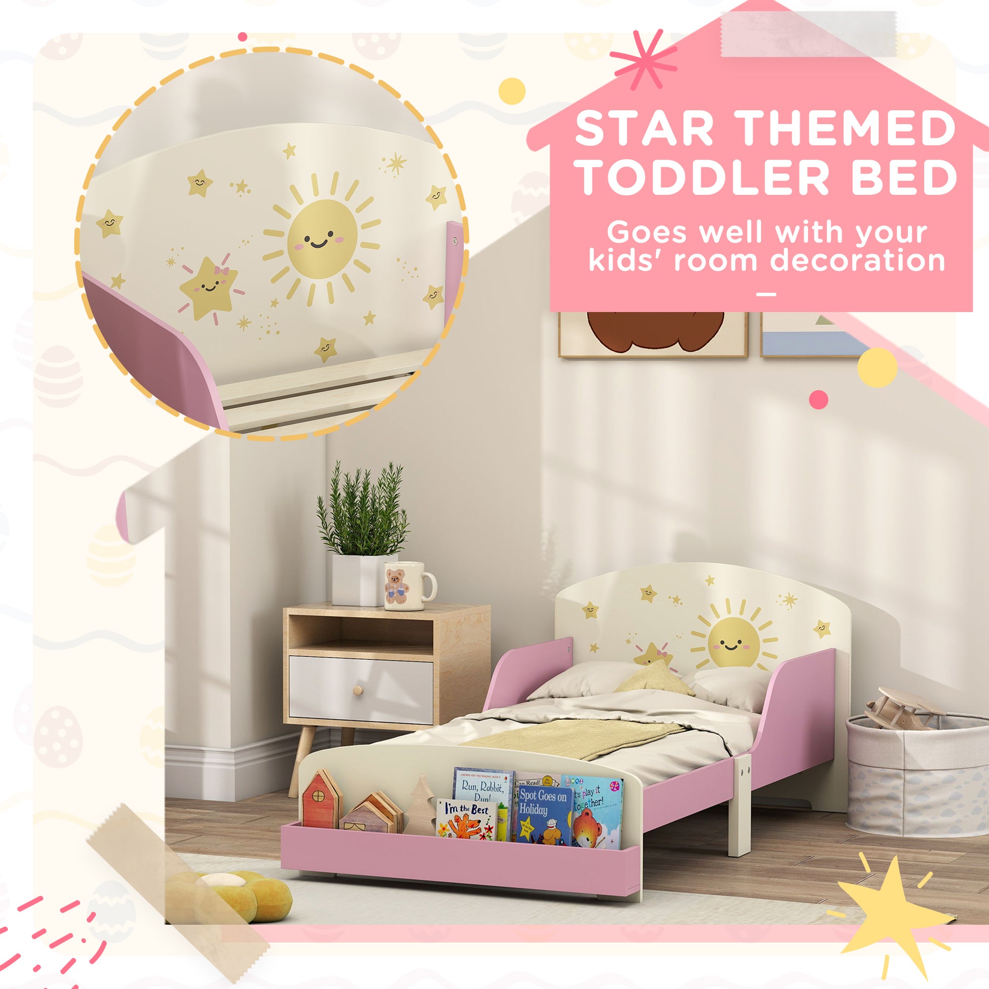 Toddler Bed with Storage, Guardrails, Sun Design, for Ages 3-8 Years, Fits 140 x 70cm Mattress,