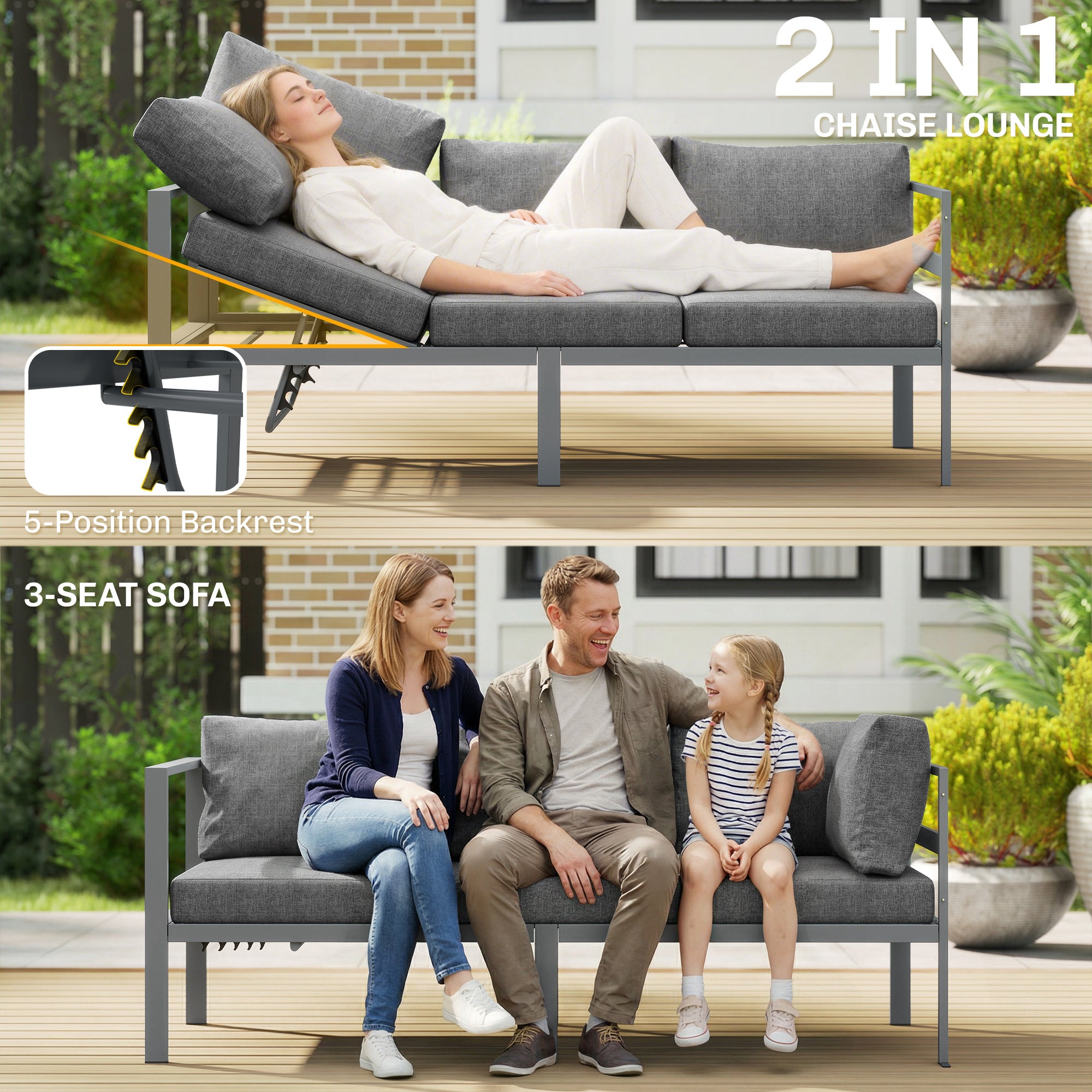 3 Pieces Garden Furniture Set, Aluminium Corner Lounge Set with Adjustable Backrest and Coffee Table