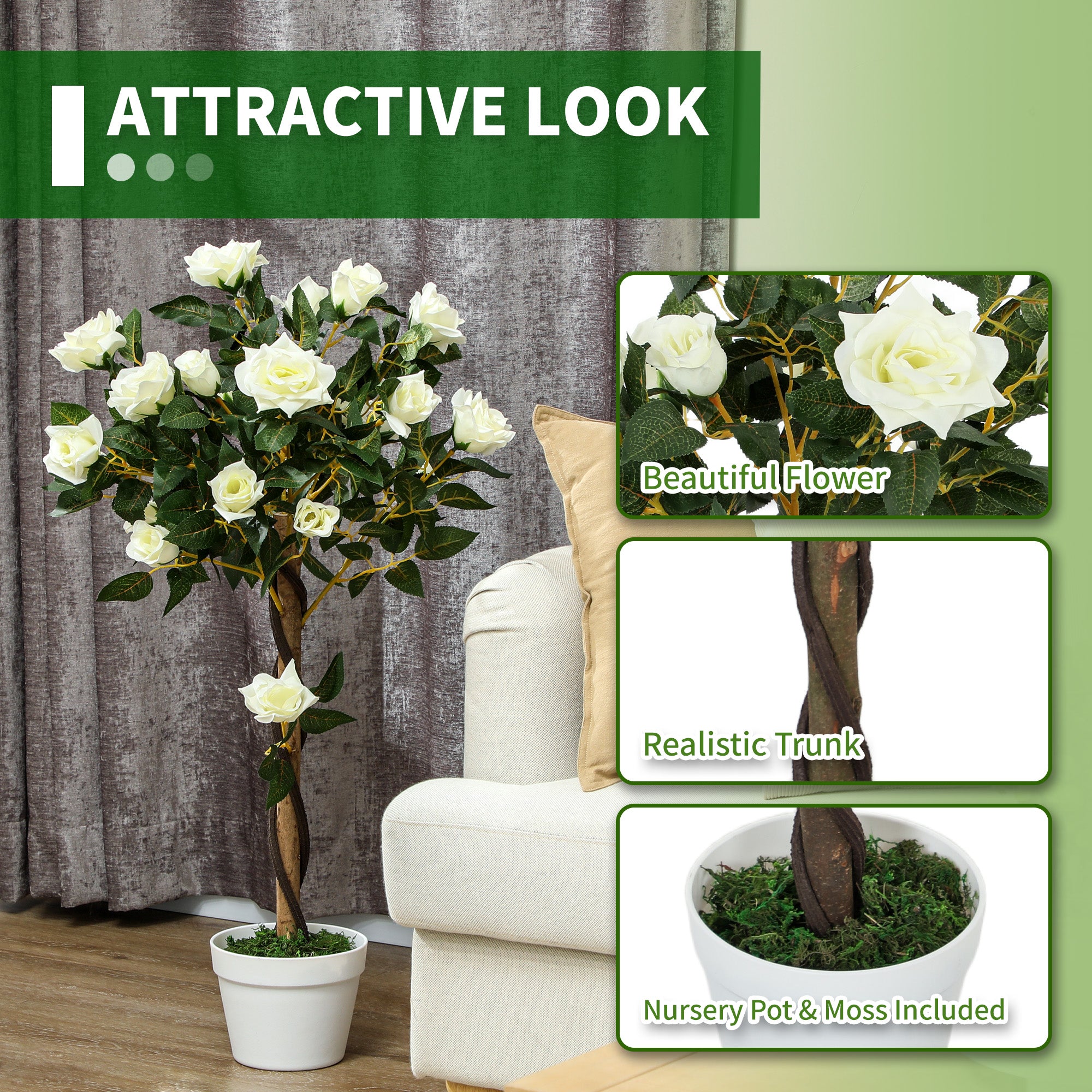 Set of Two Faux Rose Trees with Cement Pot - White
