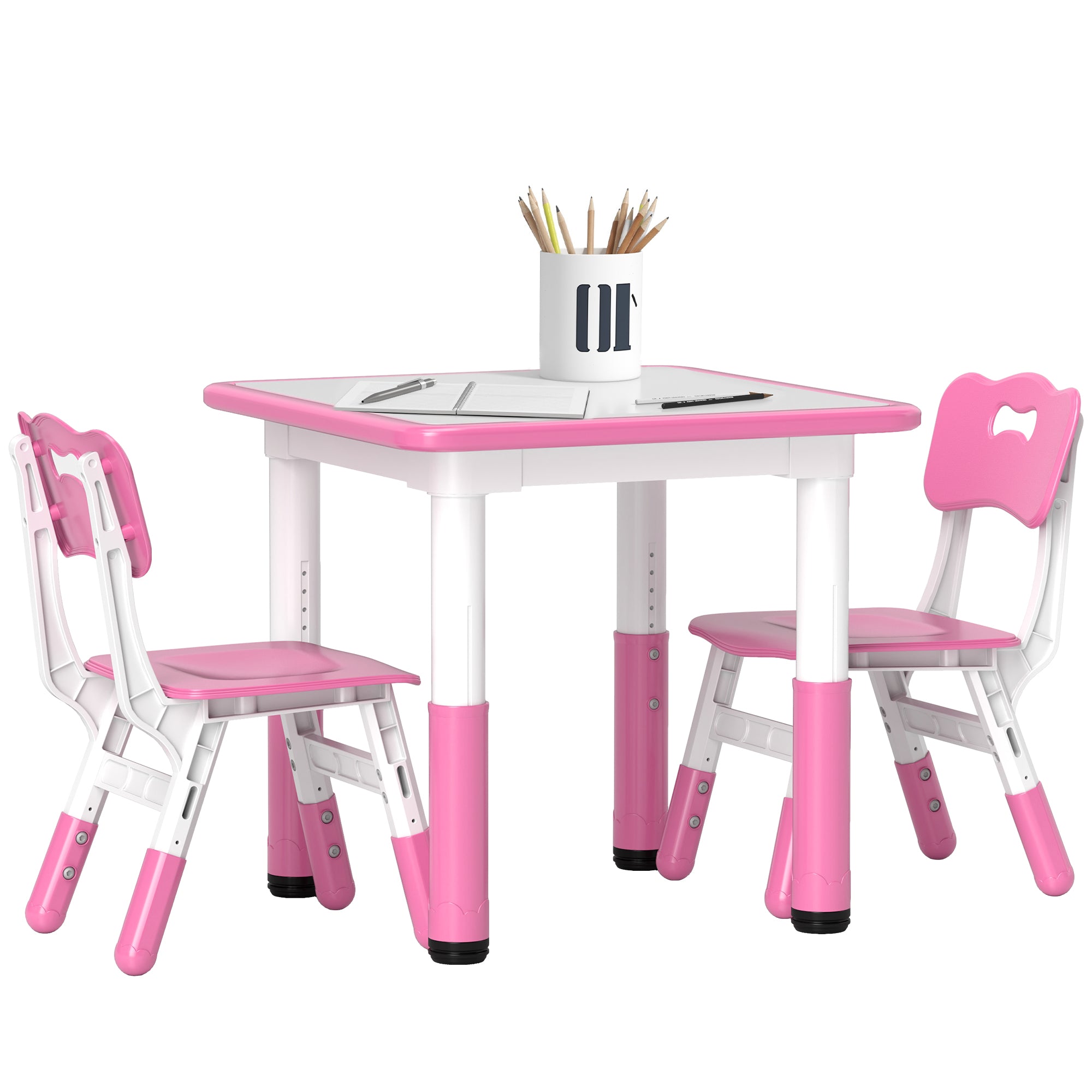 Height Adjustable Toddler Table and Chair Set, 3 Pcs Children Activity Table w/ 2 Chairs, for Playroom, Bedroom - Pink