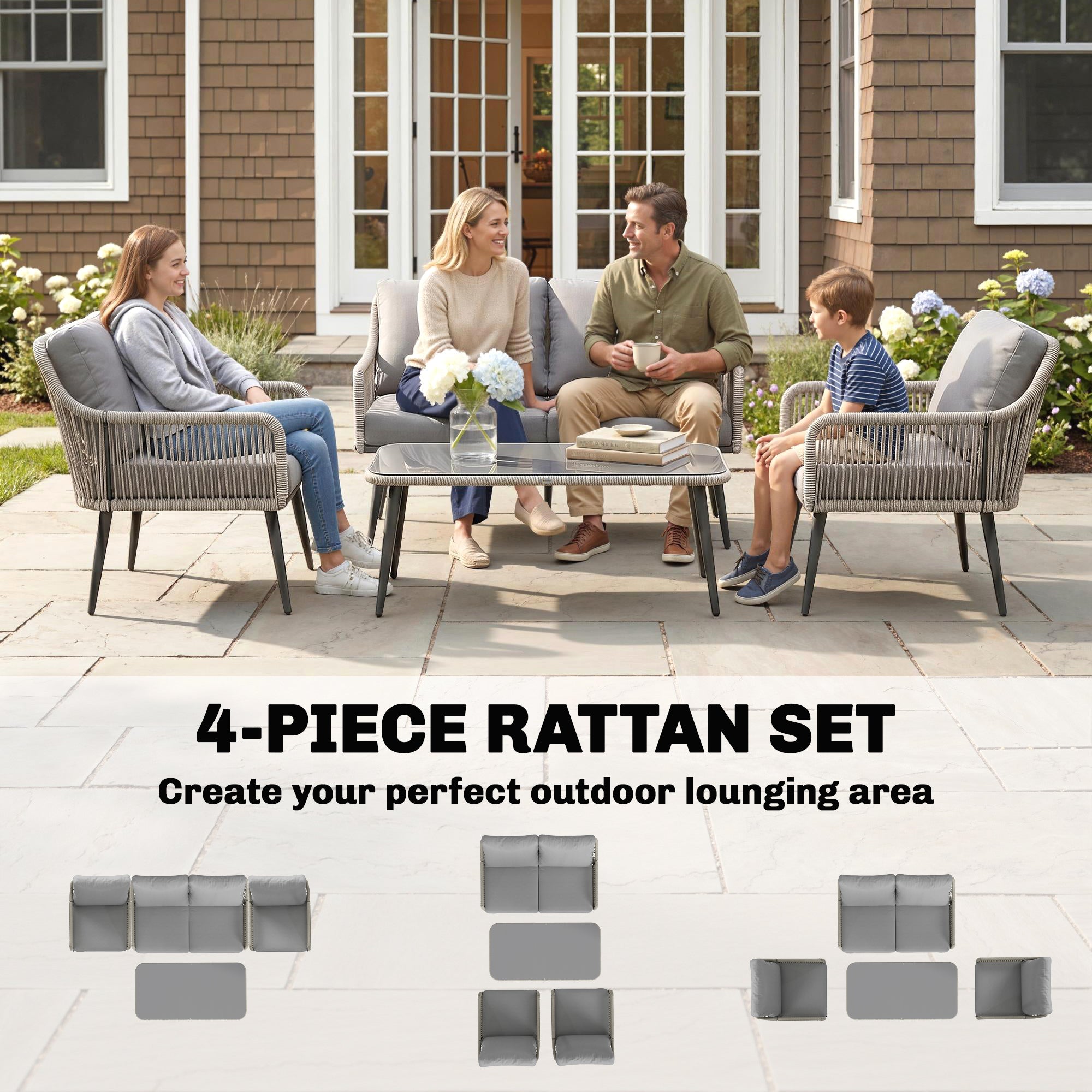 Rattan Garden Furniture Set, 4 Piece Outdoor Patio Furniture with Tempered Glass Table and Chairs, Indoor Balcony Conservatory Set