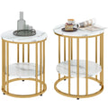 Set of Two Marble-Effect Two-Tier Coffee Tables - White/Gold-Tone