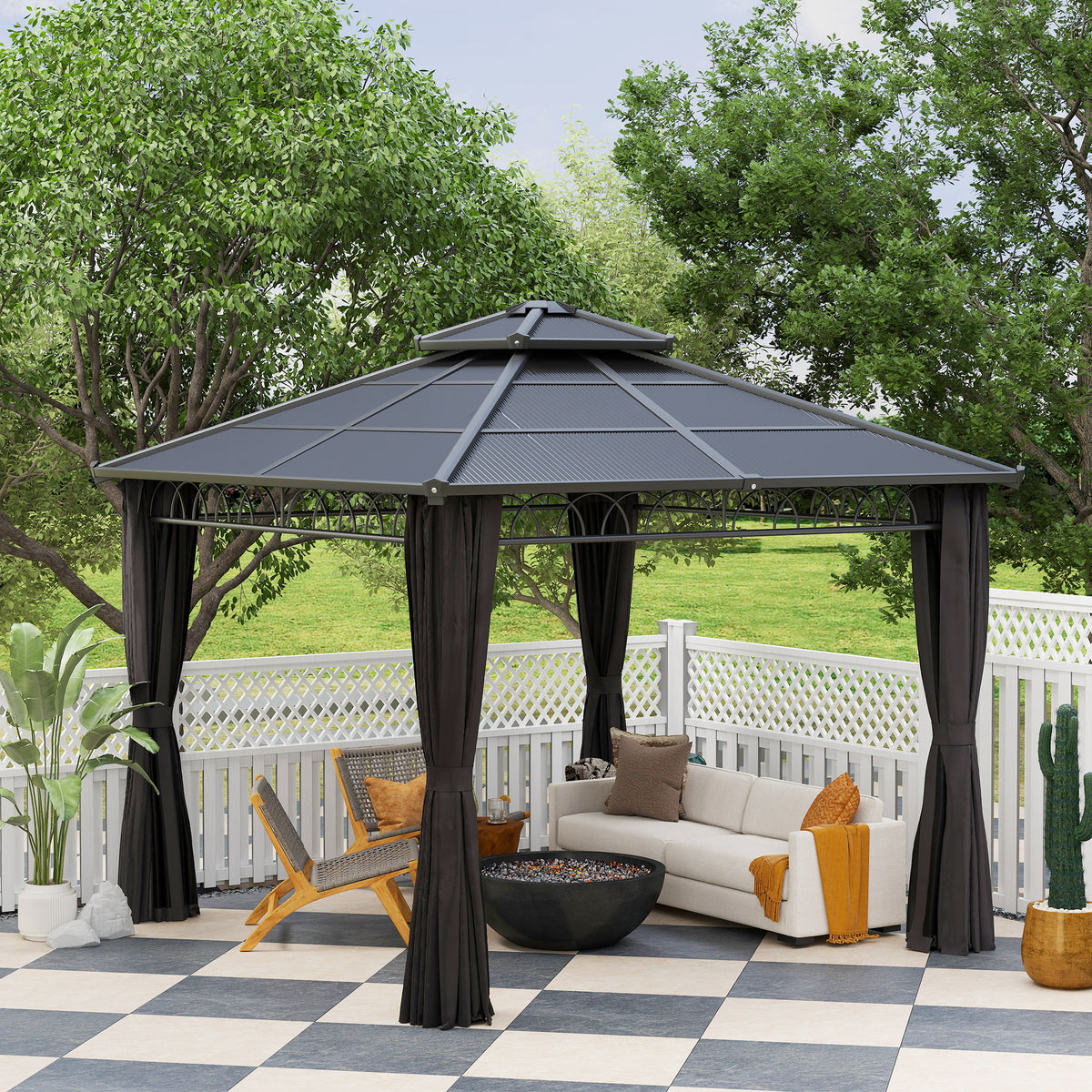 3 x 3 m Outdoor Polycarbonate Double Roof Gazebo with Steel Frame, Nettings & Curtains - Dark Grey